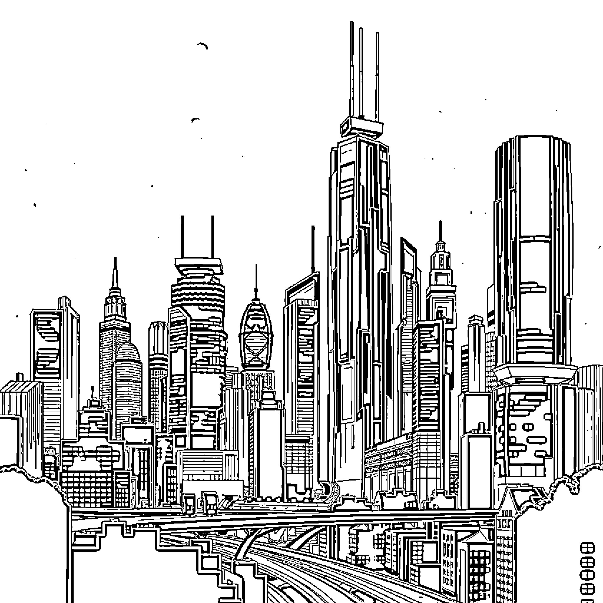 City skyline with modern high-rise buildings Coloring Page (free black-and-white line drawing printable PDF for all, from beginners to advanced learners, including children, teens, adults, and seniors)