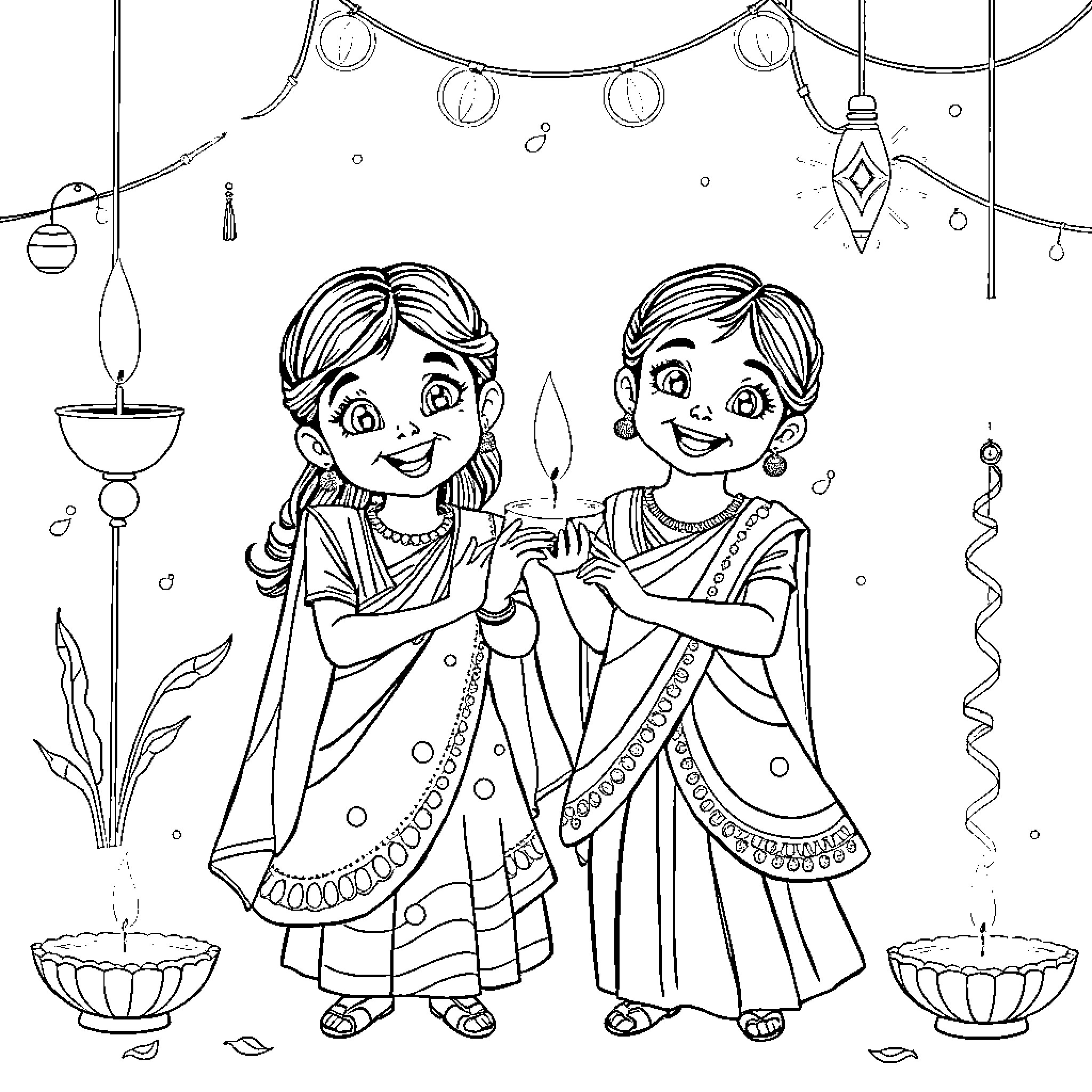 Sister Enjoying Festive Celebration Together Coloring Page (free black-and-white line drawing printable PDF for all, from beginners to advanced learners, including children, teens, adults, and seniors)