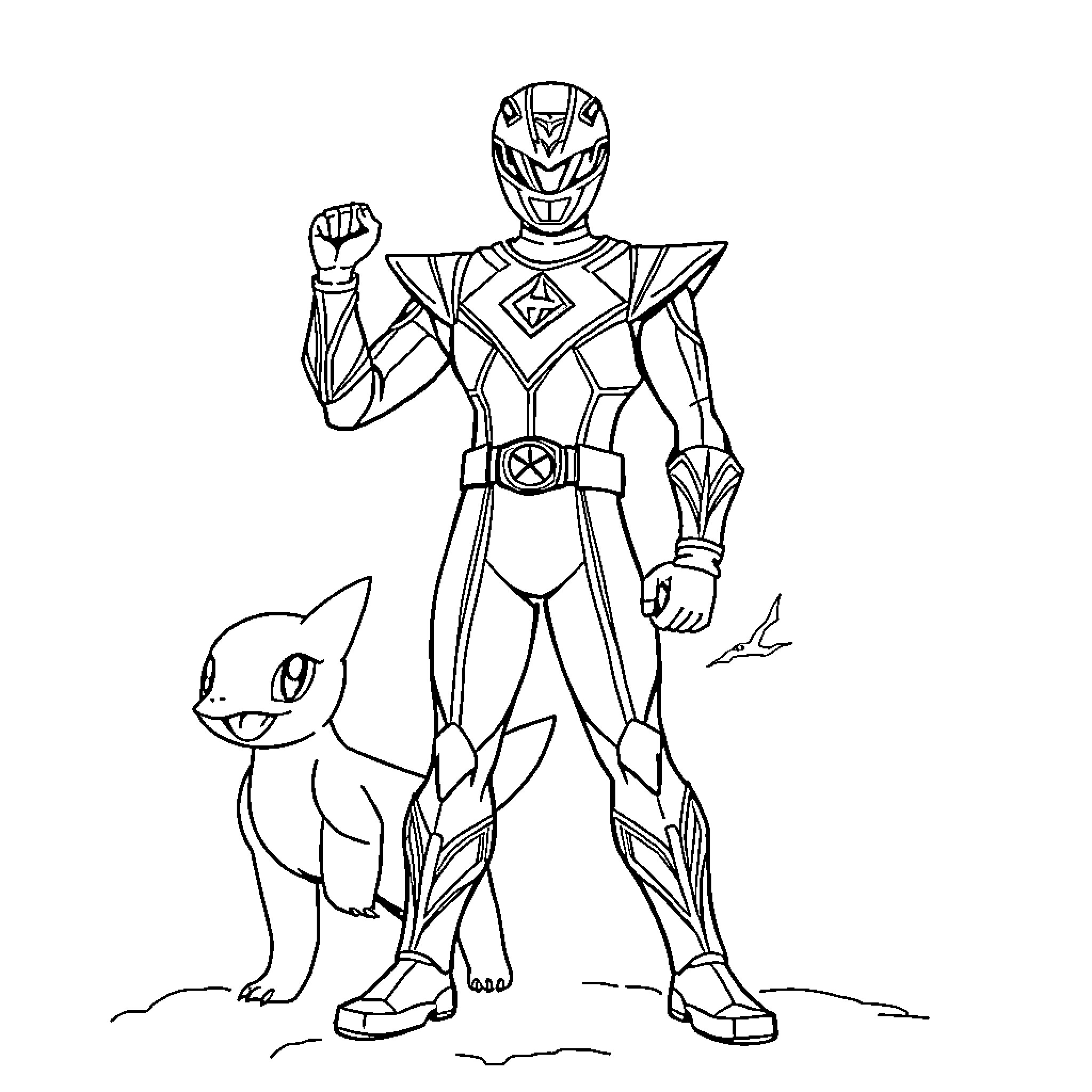 Power Ranger Hero Stands with Loyal Companion Coloring Page (free black-and-white line drawing printable PDF for all, from beginners to advanced learners, including children, teens, adults, and seniors)