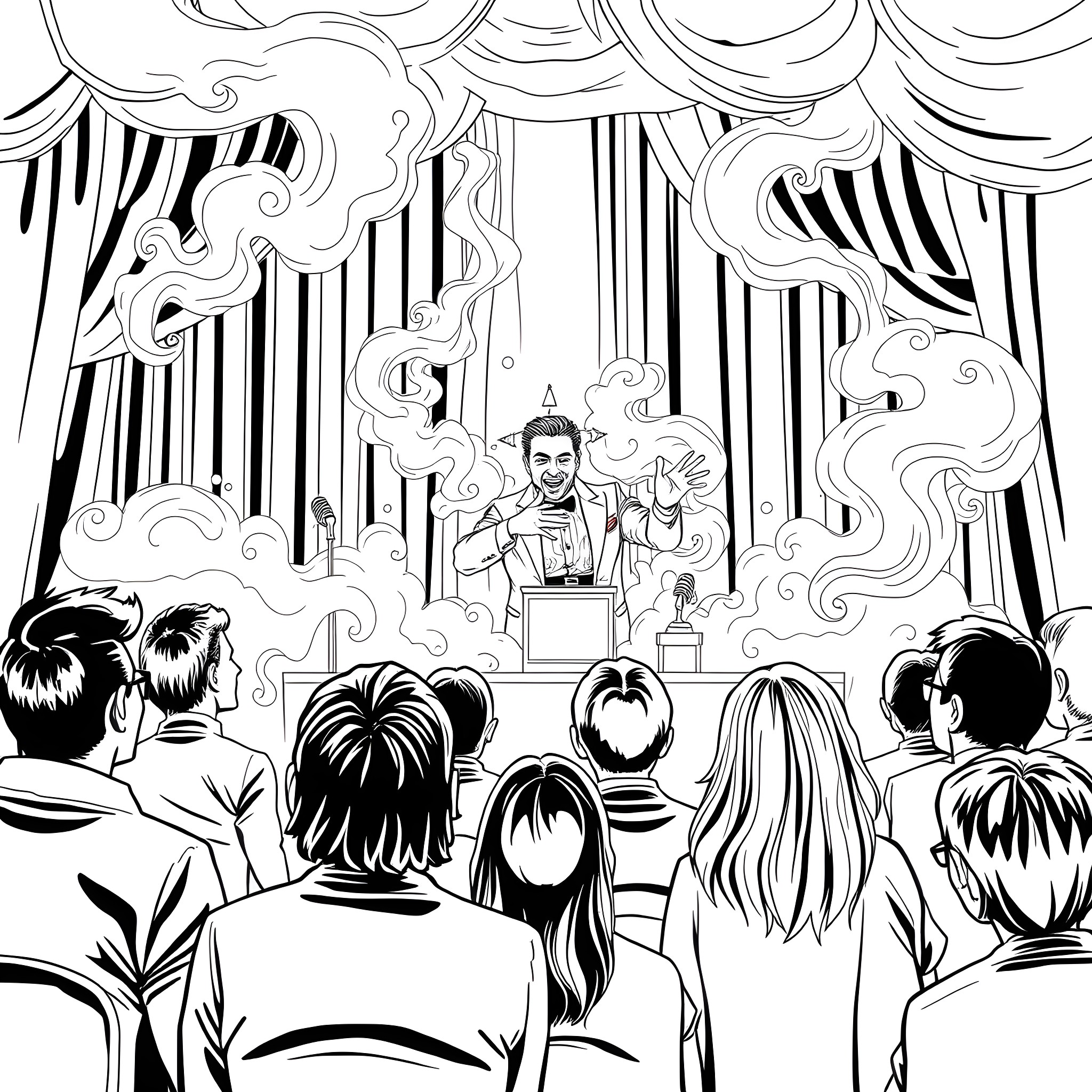 Harry Kellar's Theatrical Performance Coloring Page (free black-and-white line drawing printable PDF for all, from beginners to advanced learners, including children, teens, adults, and seniors)