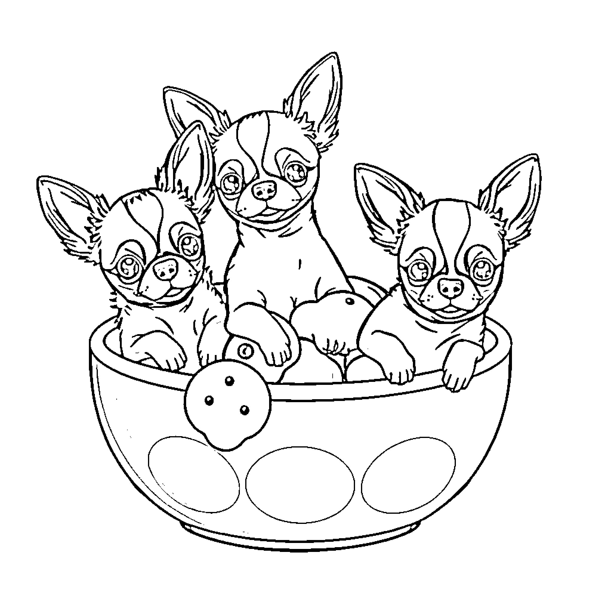 Chihuahuas in a cozy bowl Coloring Page (free black-and-white line drawing printable PDF for all, from beginners to advanced learners, including children, teens, adults, and seniors)
