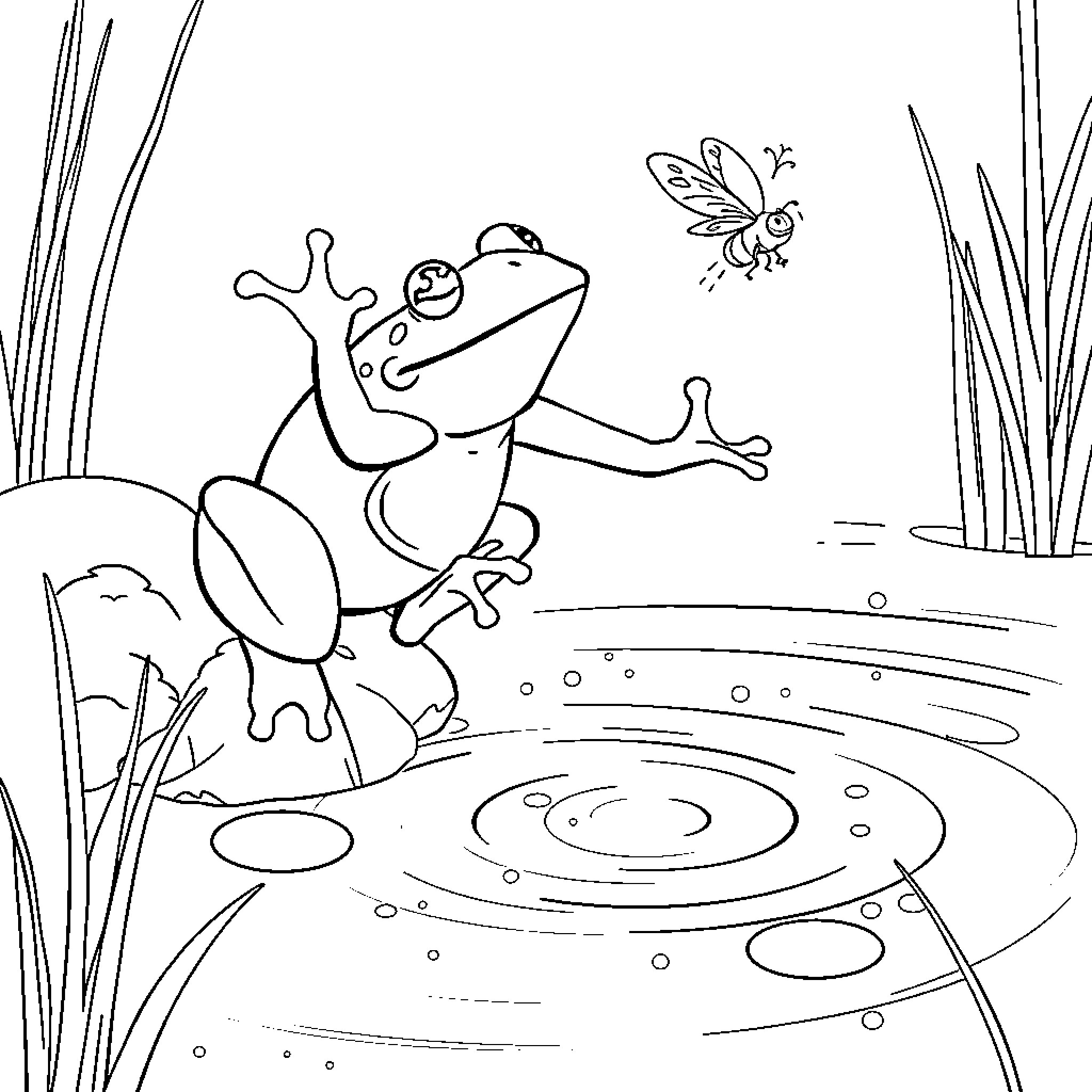 Frog chasing a butterfly near a pond Coloring Page (free black-and-white line drawing printable PDF for all, from beginners to advanced learners, including children, teens, adults, and seniors)