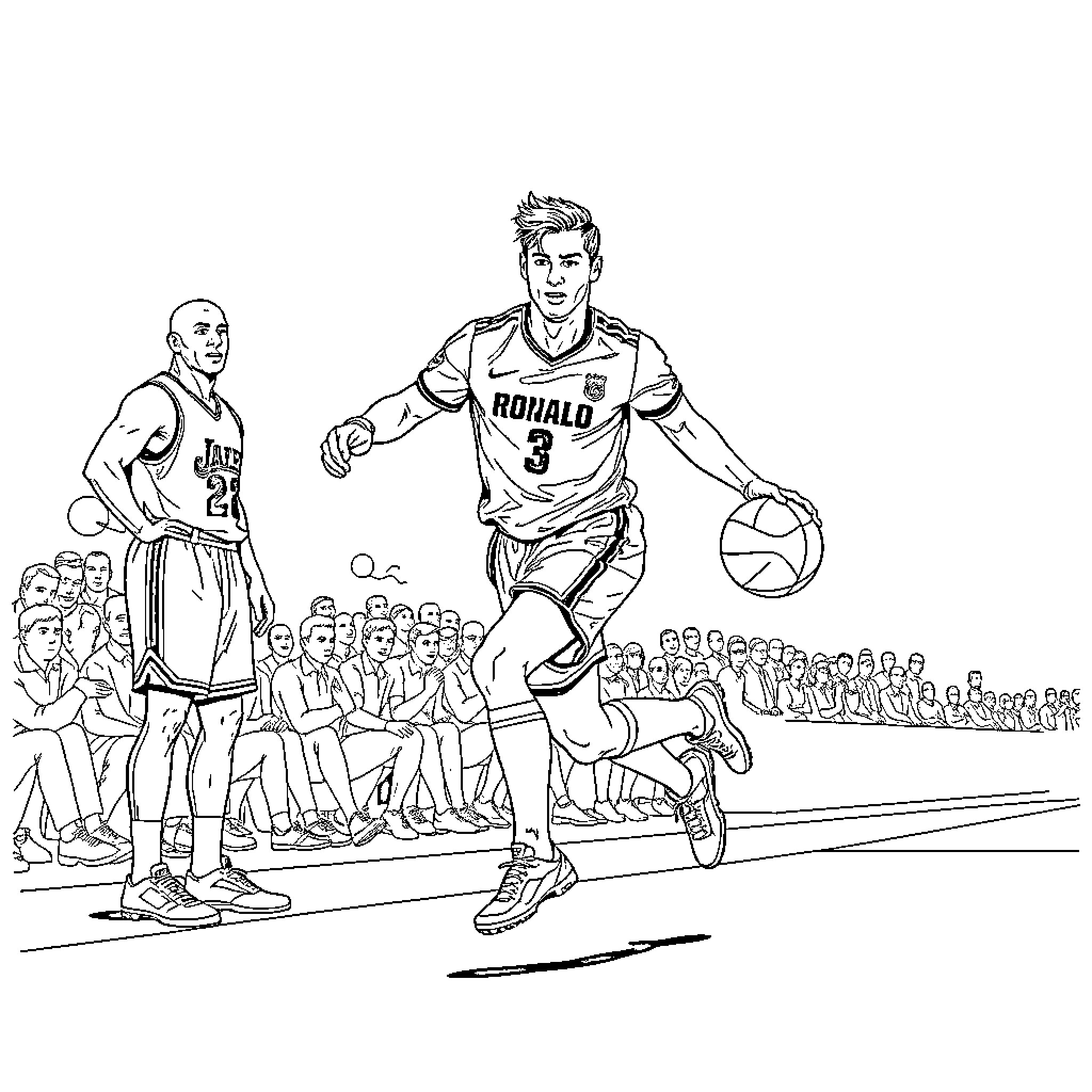 Ronaldo showcasing impressive basketball skills on court Coloring Page (free black-and-white line drawing printable PDF for all, from beginners to advanced learners, including children, teens, adults, and seniors)