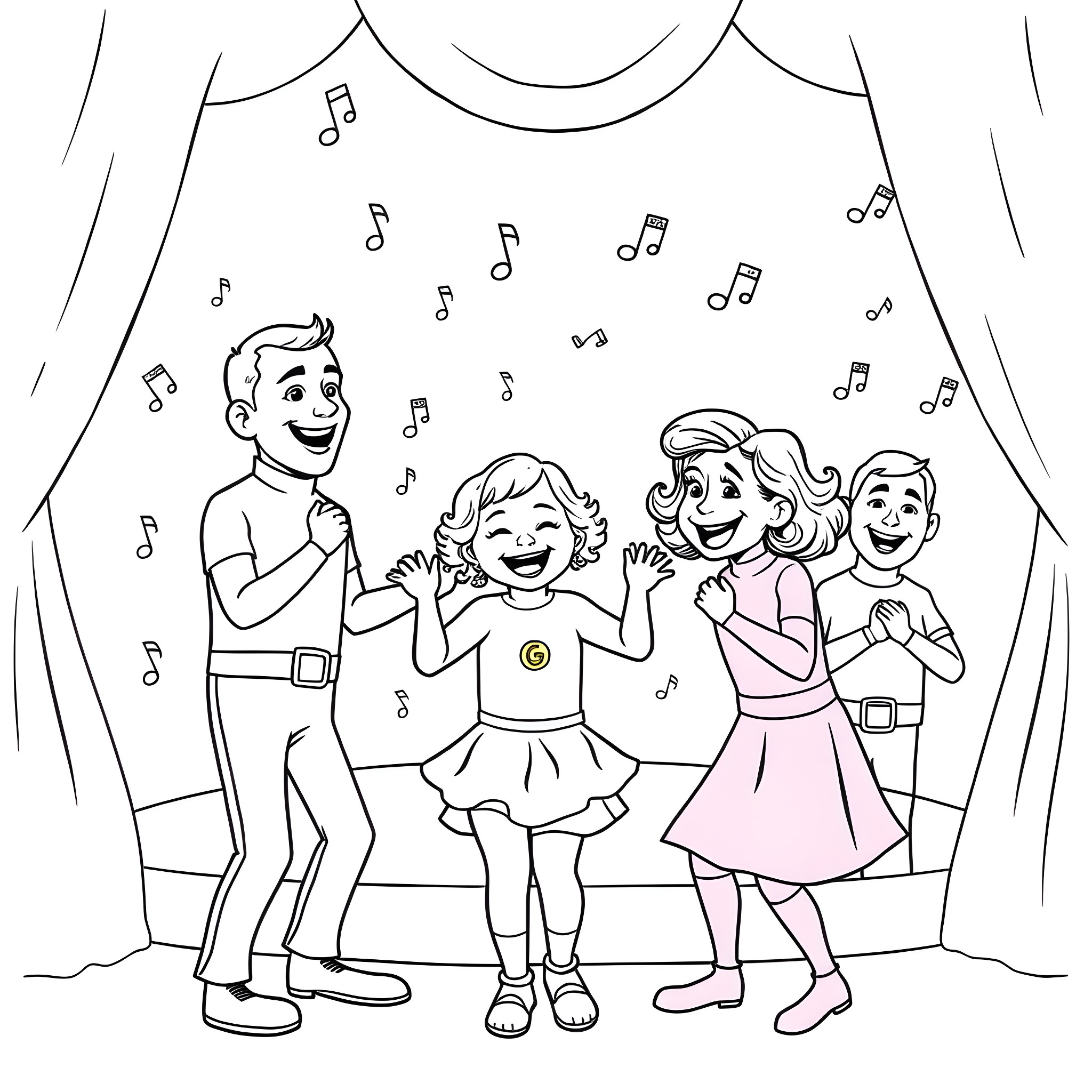 Wiggles and Waves: A Family Dance Performance Coloring Page (free black-and-white line drawing printable PDF for all, from beginners to advanced learners, including children, teens, adults, and seniors)