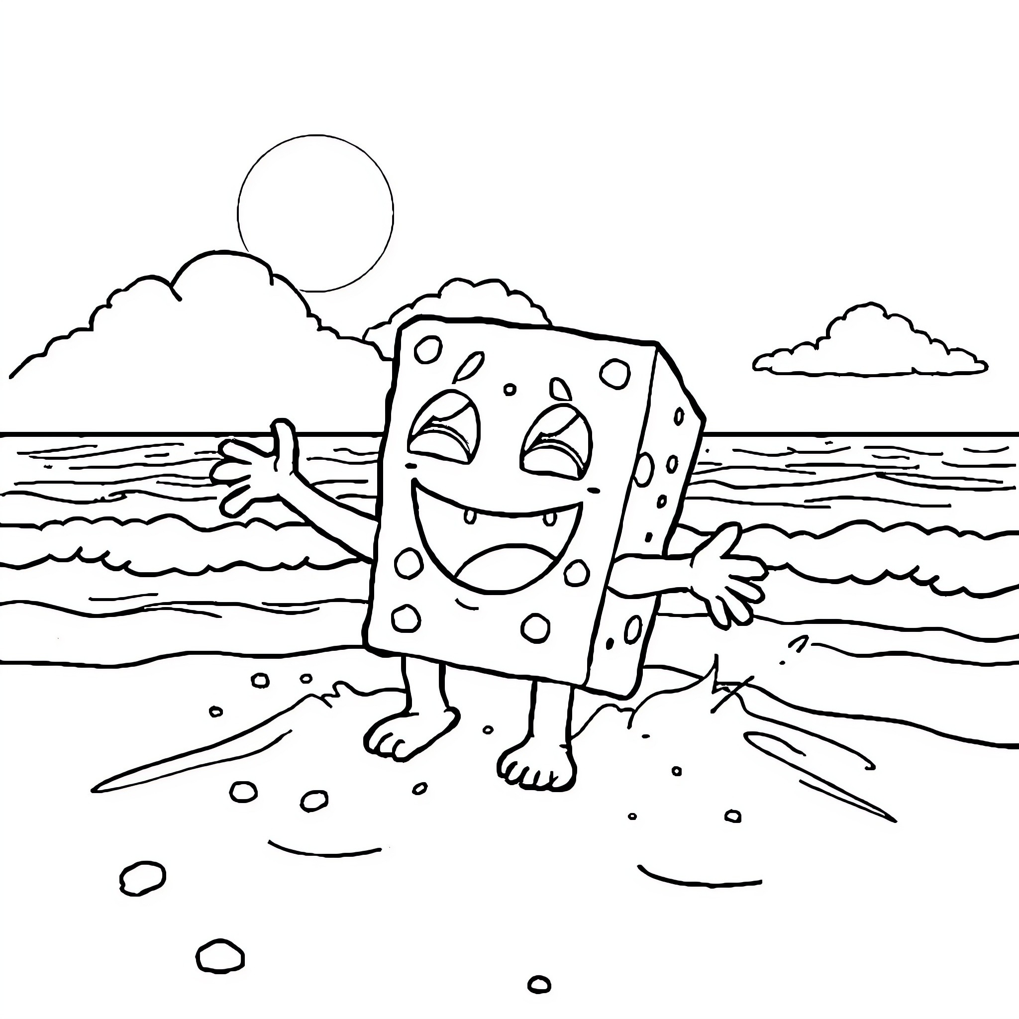 Creeper character enjoying the beach Coloring Page (free black-and-white line drawing printable PDF for all, from beginners to advanced learners, including children, teens, adults, and seniors)