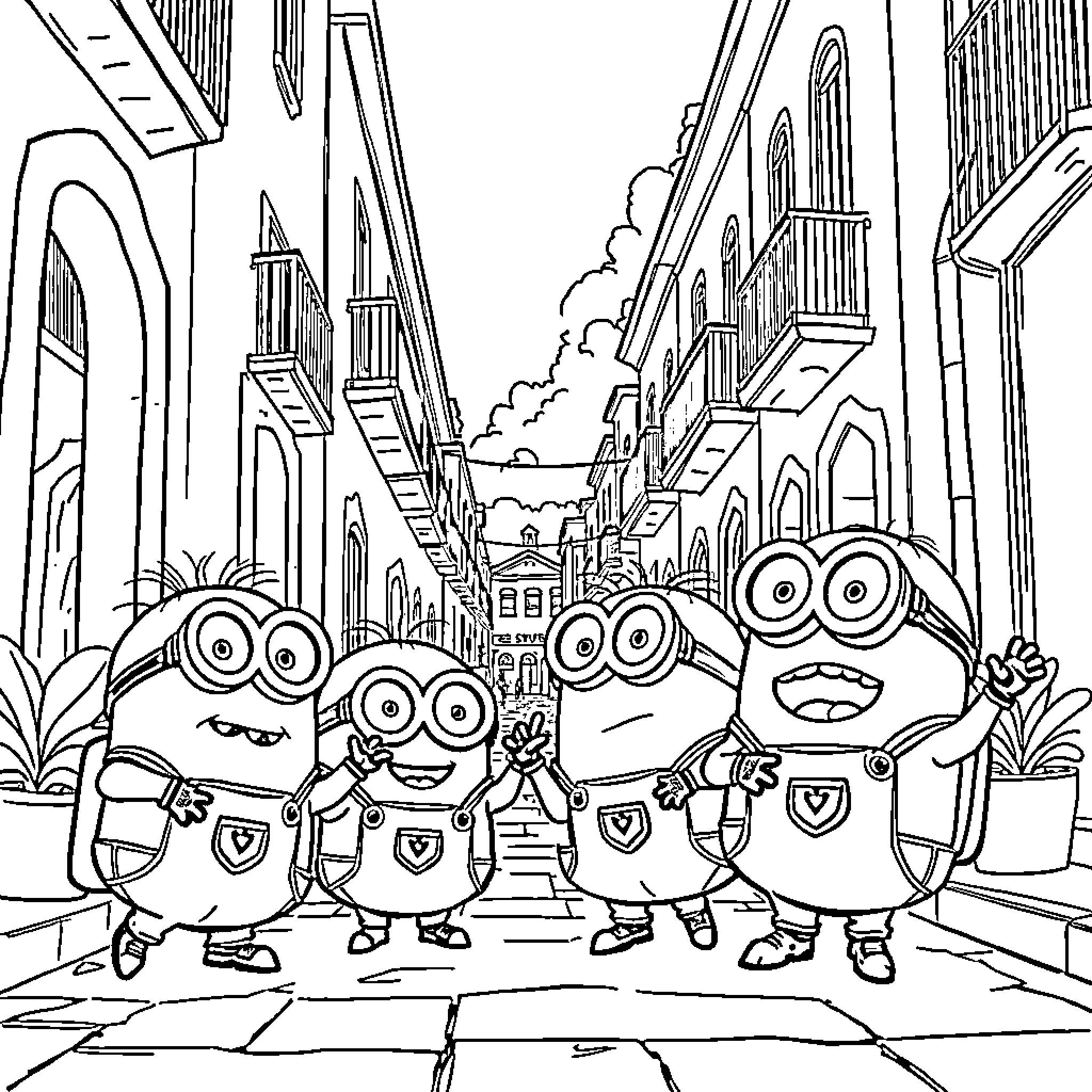 Minions exploring a bustling city street Coloring Page (free black-and-white line drawing printable PDF for all, from beginners to advanced learners, including children, teens, adults, and seniors)