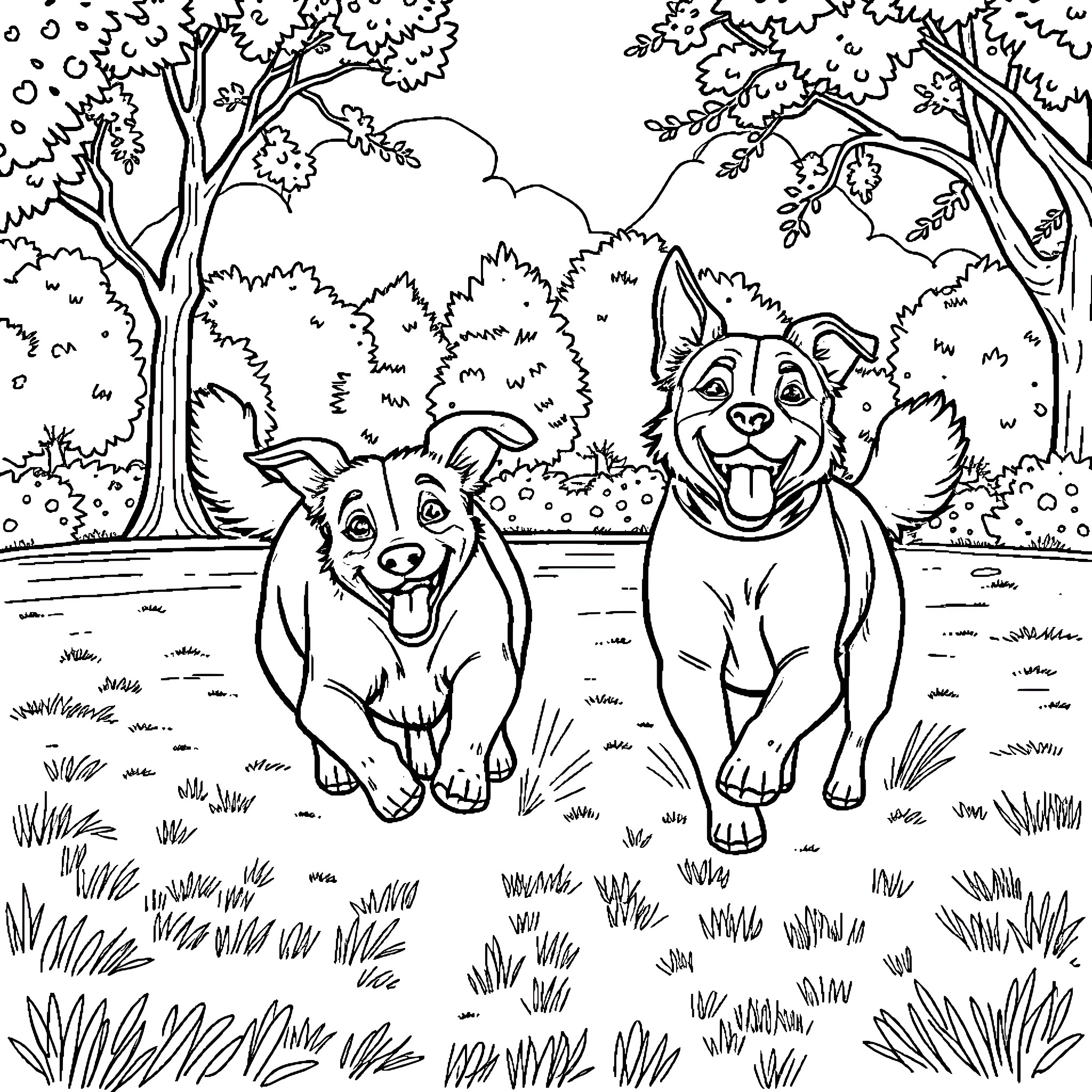 Dog companions enjoying the forest scenery Coloring Page (free black-and-white line drawing printable PDF for all, from beginners to advanced learners, including children, teens, adults, and seniors)