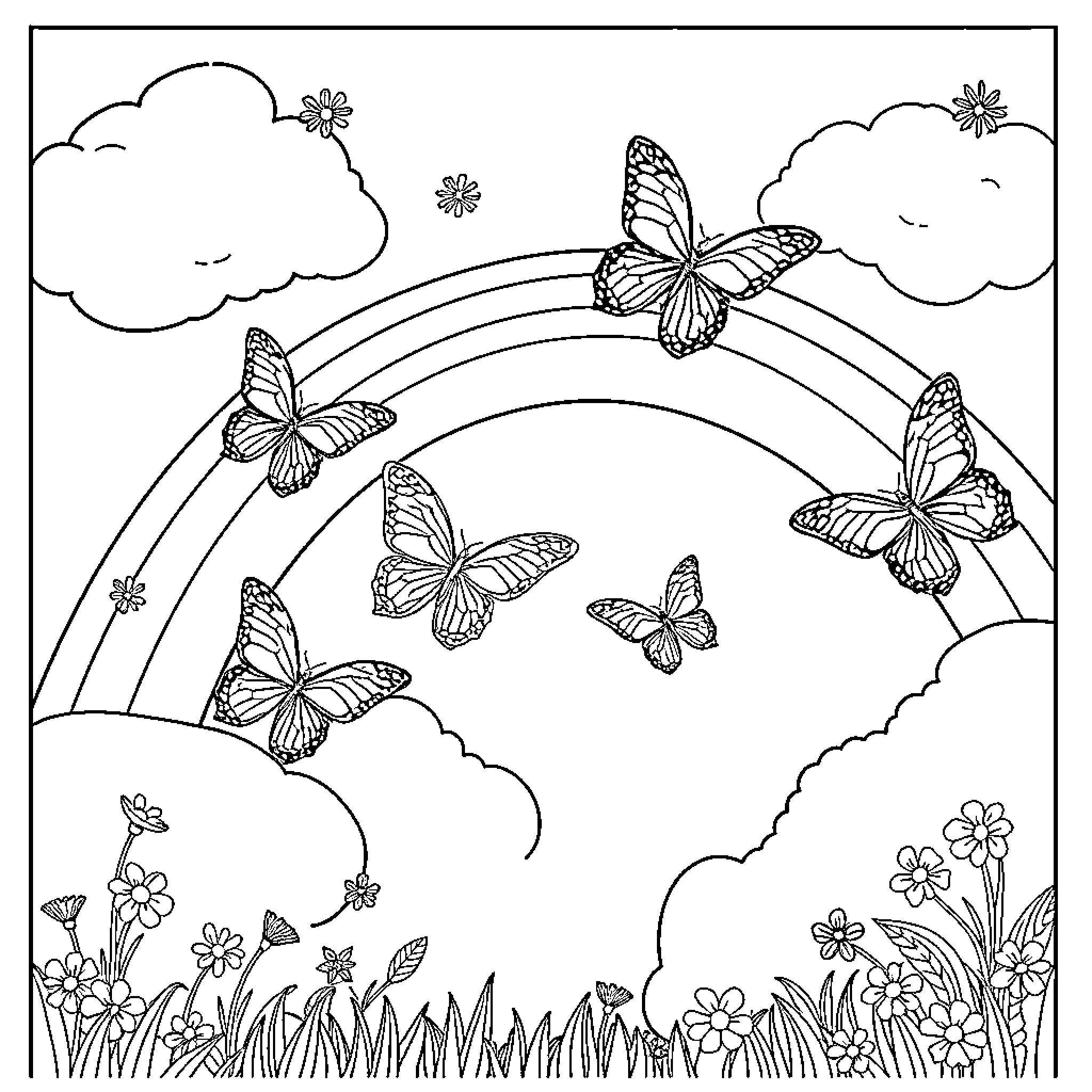 Butterfly Scene with Flowers and Rainbow Coloring Page (free black-and-white line drawing printable PDF for all, from beginners to advanced learners, including children, teens, adults, and seniors)