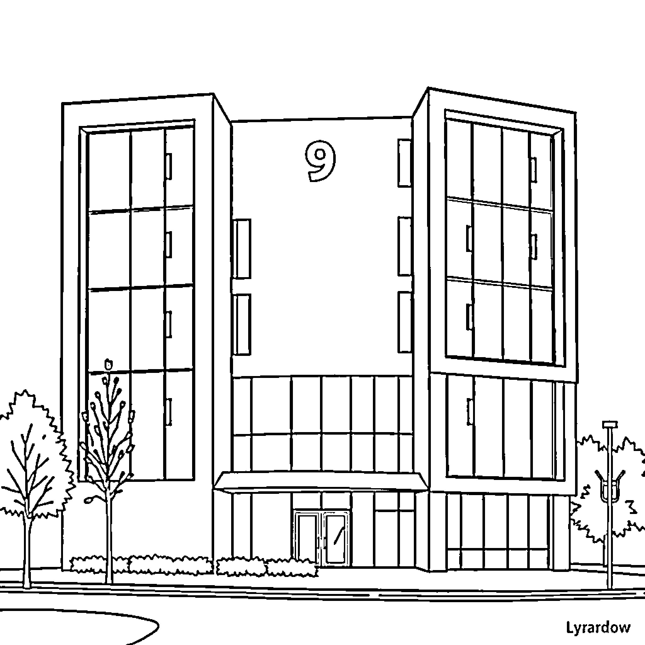 Building with numbered entrance and windows Coloring Page (free black-and-white line drawing printable PDF for all, from beginners to advanced learners, including children, teens, adults, and seniors)