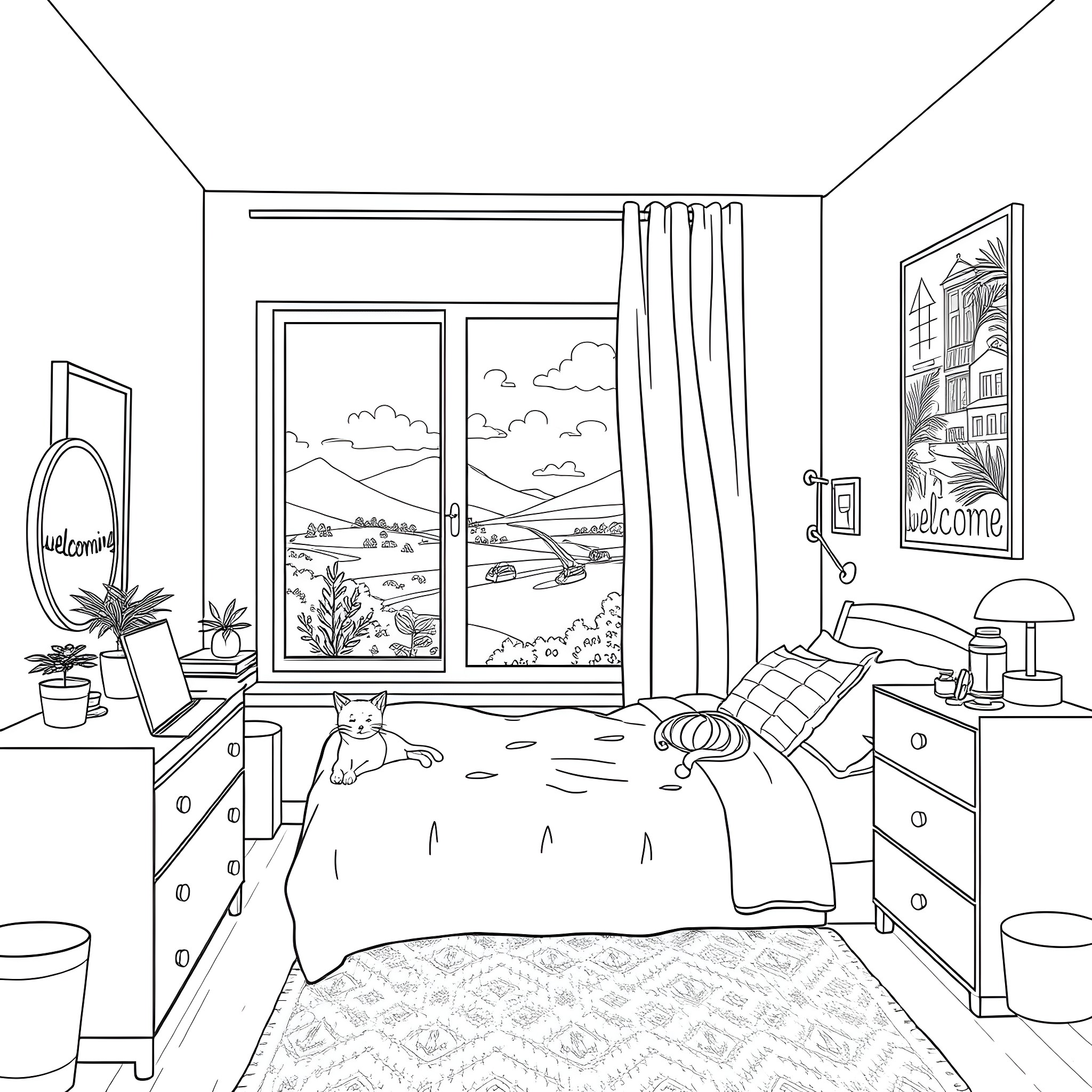 Cat relaxing in cozy bedroom with scenic view Coloring Page (free black-and-white line drawing printable PDF for all, from beginners to advanced learners, including children, teens, adults, and seniors)