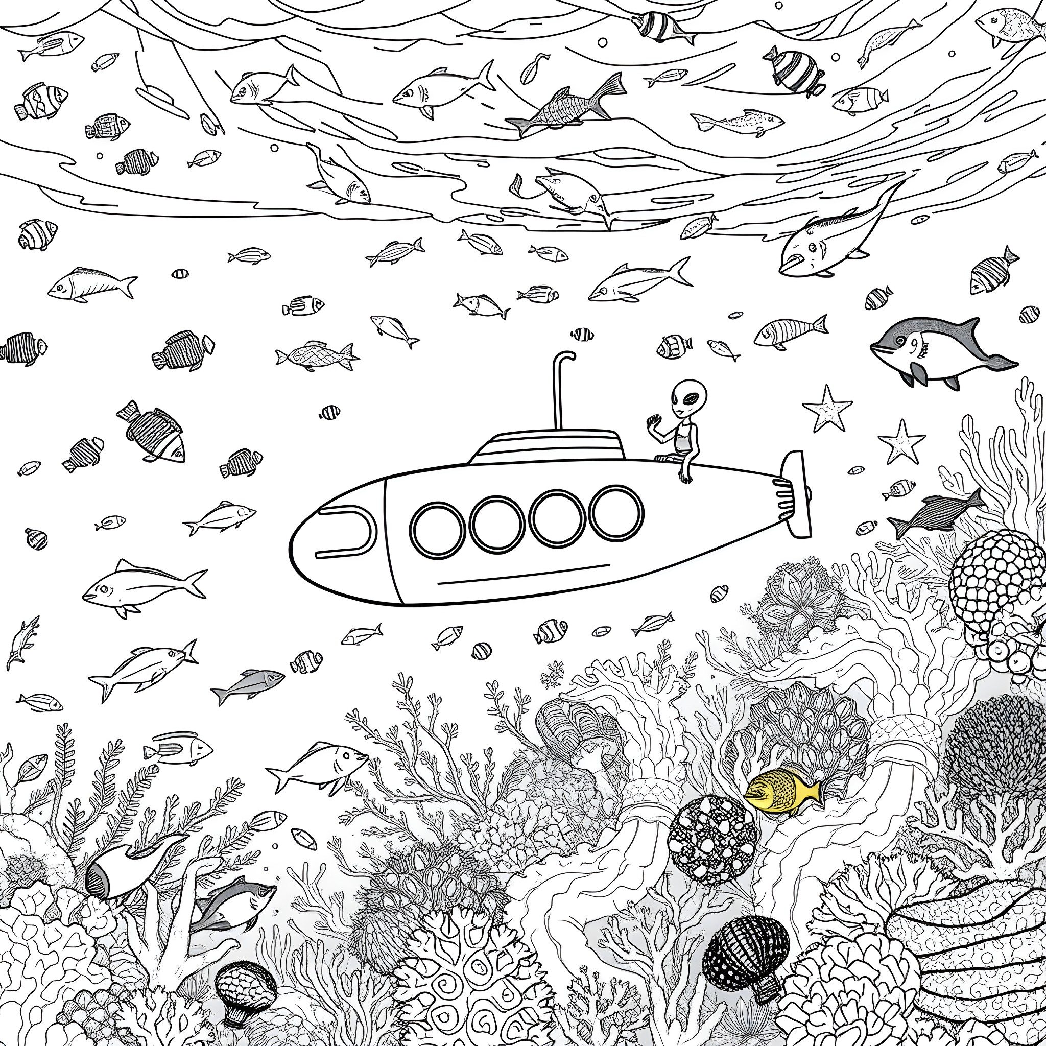 Ocean adventure with a submarine and marine life Coloring Page (free black-and-white line drawing printable PDF for all, from beginners to advanced learners, including children, teens, adults, and seniors)