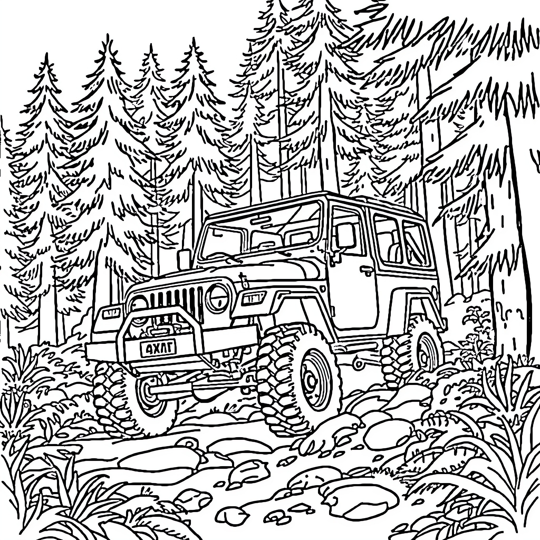 4x4 off-road adventure in the forest Coloring Page (free black-and-white line drawing printable PDF for all, from beginners to advanced learners, including children, teens, adults, and seniors)