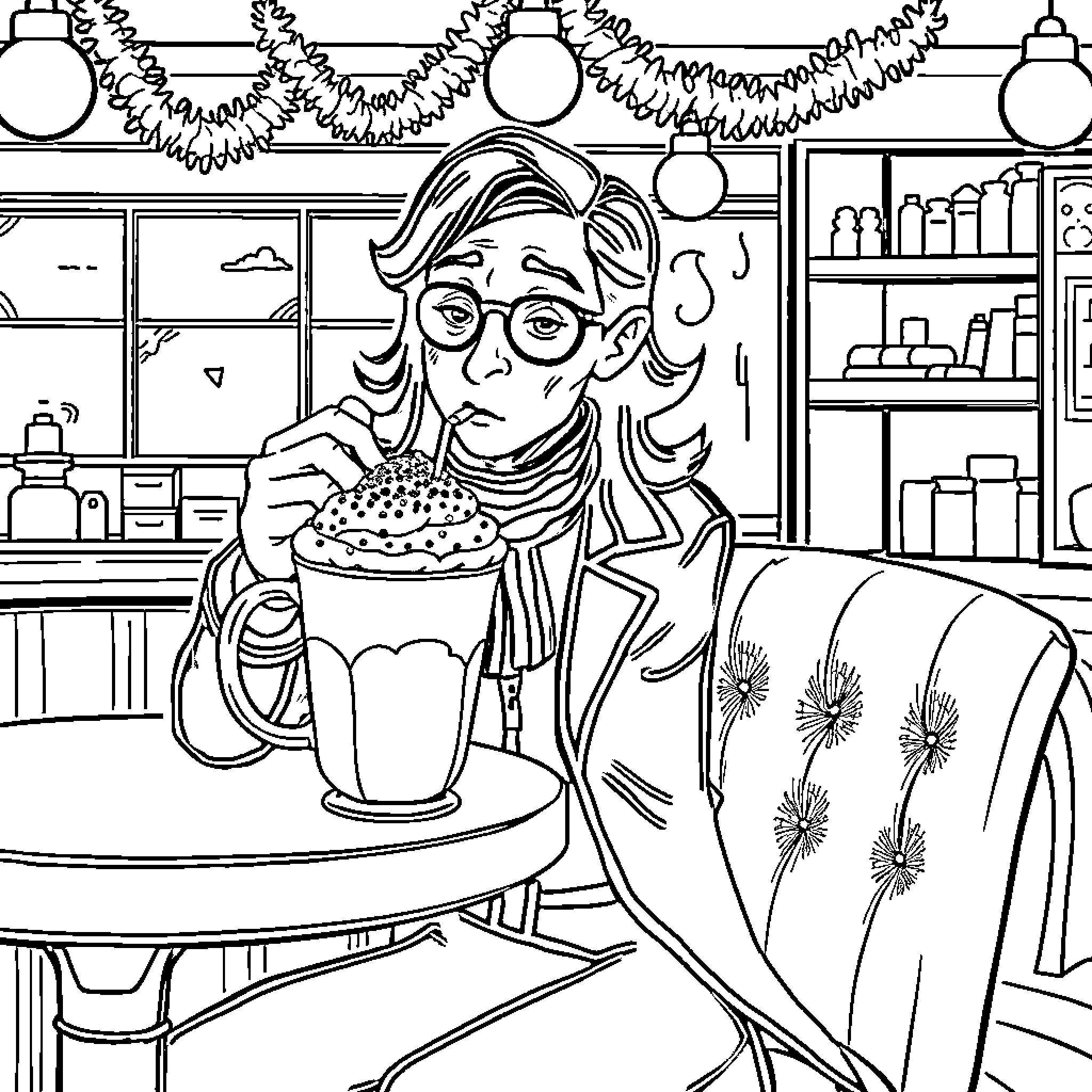 Professor Snape enjoying a cozy holiday drink Coloring Page (free black-and-white line drawing printable PDF for all, from beginners to advanced learners, including children, teens, adults, and seniors)