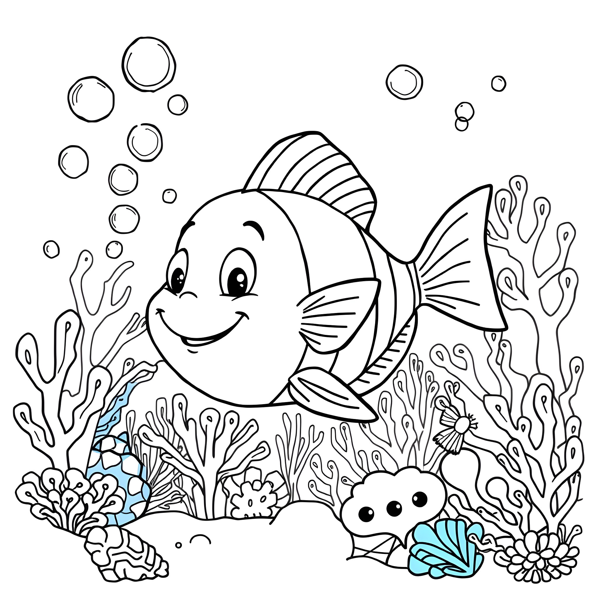Flounder enjoying the colorful underwater scene Coloring Page (free black-and-white line drawing printable PDF for all, from beginners to advanced learners, including children, teens, adults, and seniors)