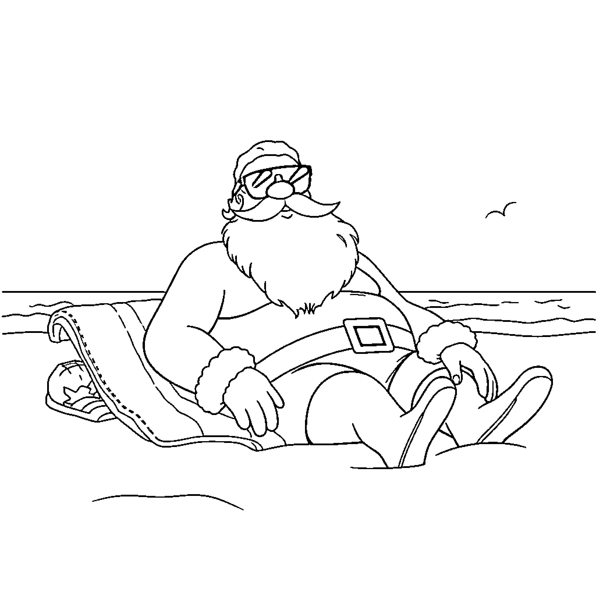 Santa relaxing on the beach Coloring Page (free black-and-white line drawing printable PDF for all, from beginners to advanced learners, including children, teens, adults, and seniors)