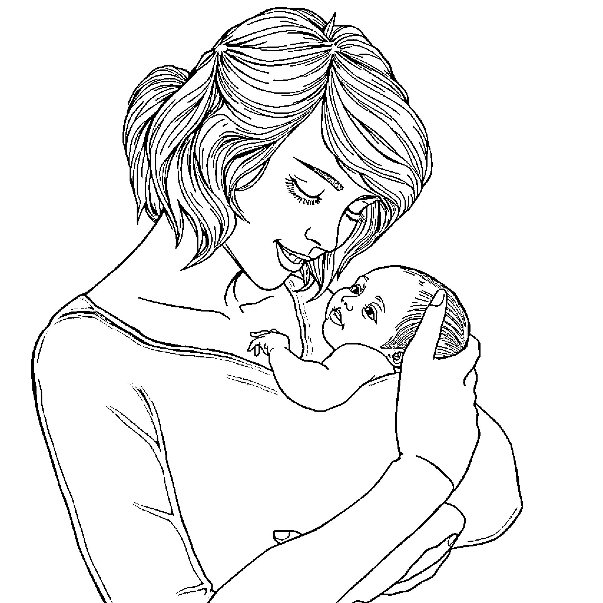 Taylor Swift tenderly cradling a baby Coloring Page (free black-and-white line drawing printable PDF for all, from beginners to advanced learners, including children, teens, adults, and seniors)