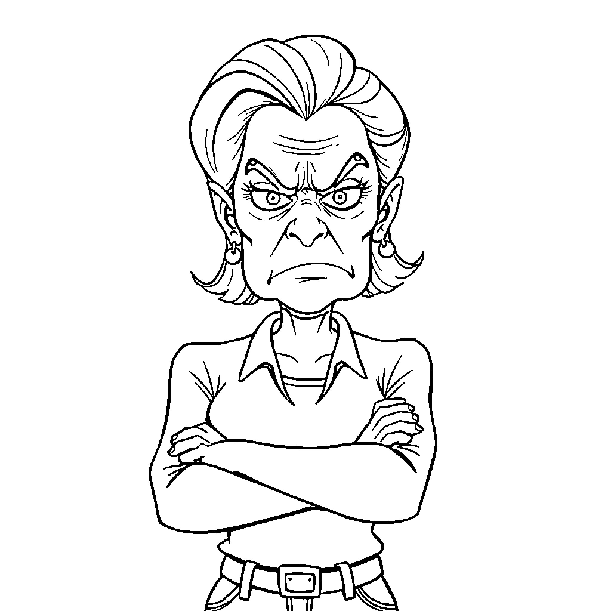 Woman with stern expression and crossed arms Coloring Page (free black-and-white line drawing printable PDF for all, from beginners to advanced learners, including children, teens, adults, and seniors)