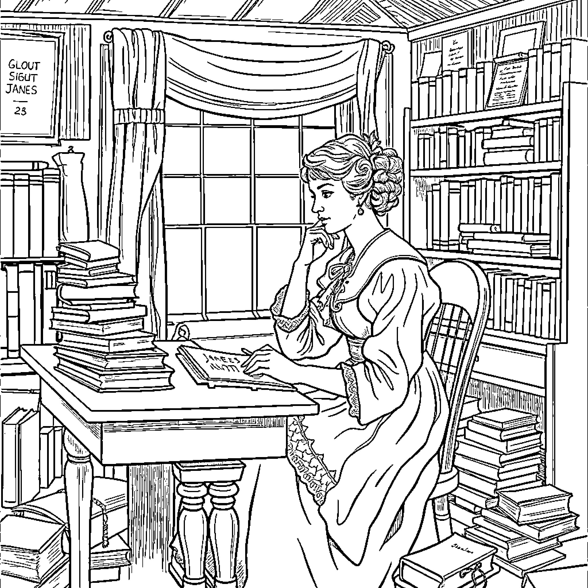 Jane Austen's Scholarly Solace in the Library Coloring Page (free black-and-white line drawing printable PDF for all, from beginners to advanced learners, including children, teens, adults, and seniors)
