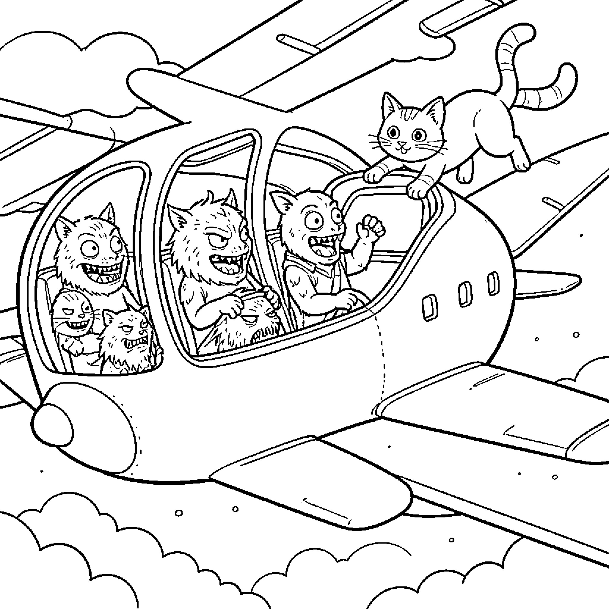 Monster creatures flying an airplane chasing a cat Coloring Page (free black-and-white line drawing printable PDF for all, from beginners to advanced learners, including children, teens, adults, and seniors)