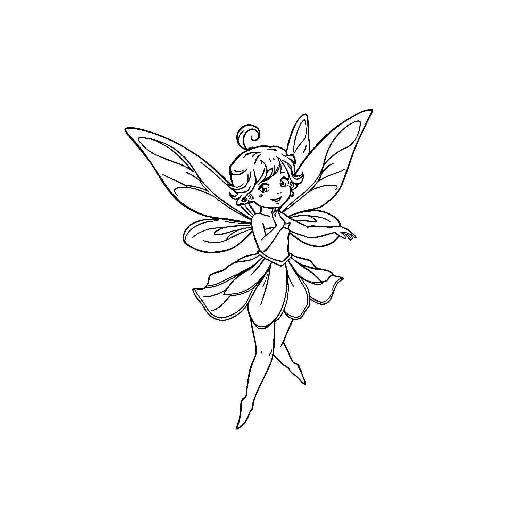 Fairy gracefully dancing with butterfly wings Coloring Page (free black-and-white line drawing printable PDF for all, from beginners to advanced learners, including children, teens, adults, and seniors)