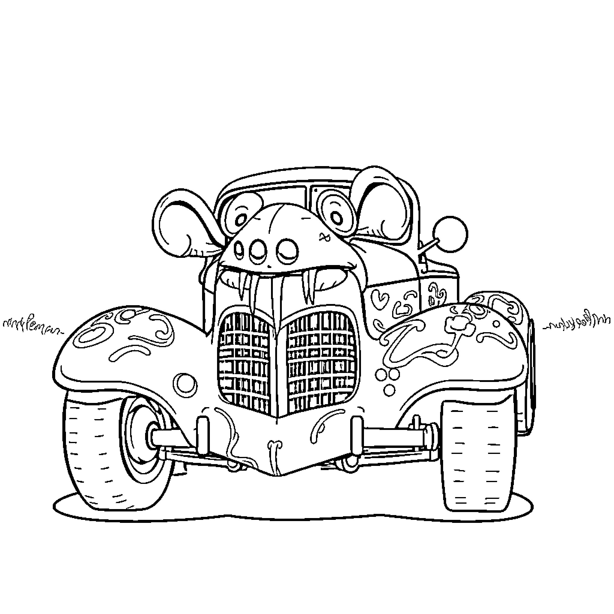 Ratrod monster truck with quirky design Coloring Page (free black-and-white line drawing printable PDF for all, from beginners to advanced learners, including children, teens, adults, and seniors)