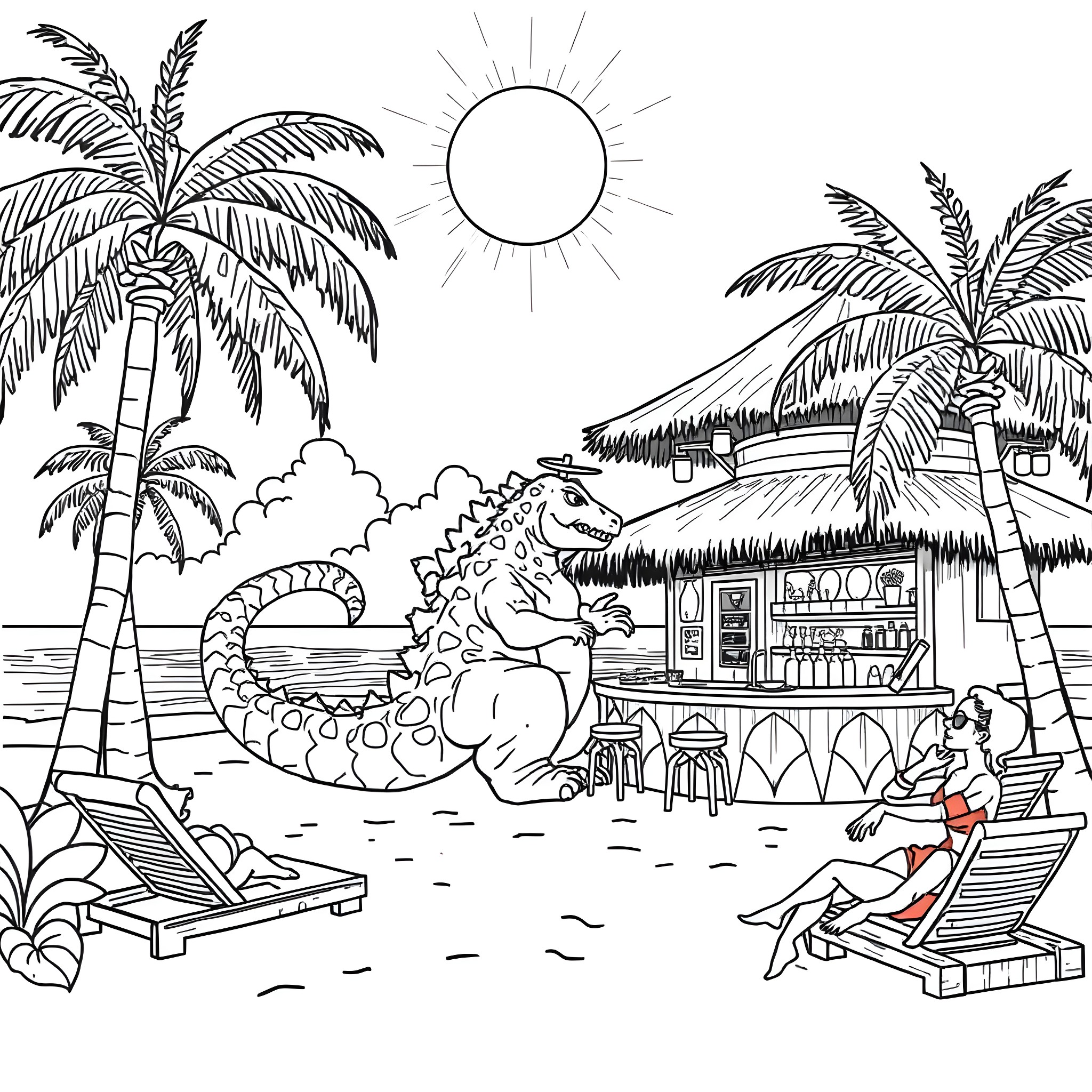 Godzilla relaxing on the beach with palm trees Coloring Page (free black-and-white line drawing printable PDF for all, from beginners to advanced learners, including children, teens, adults, and seniors)