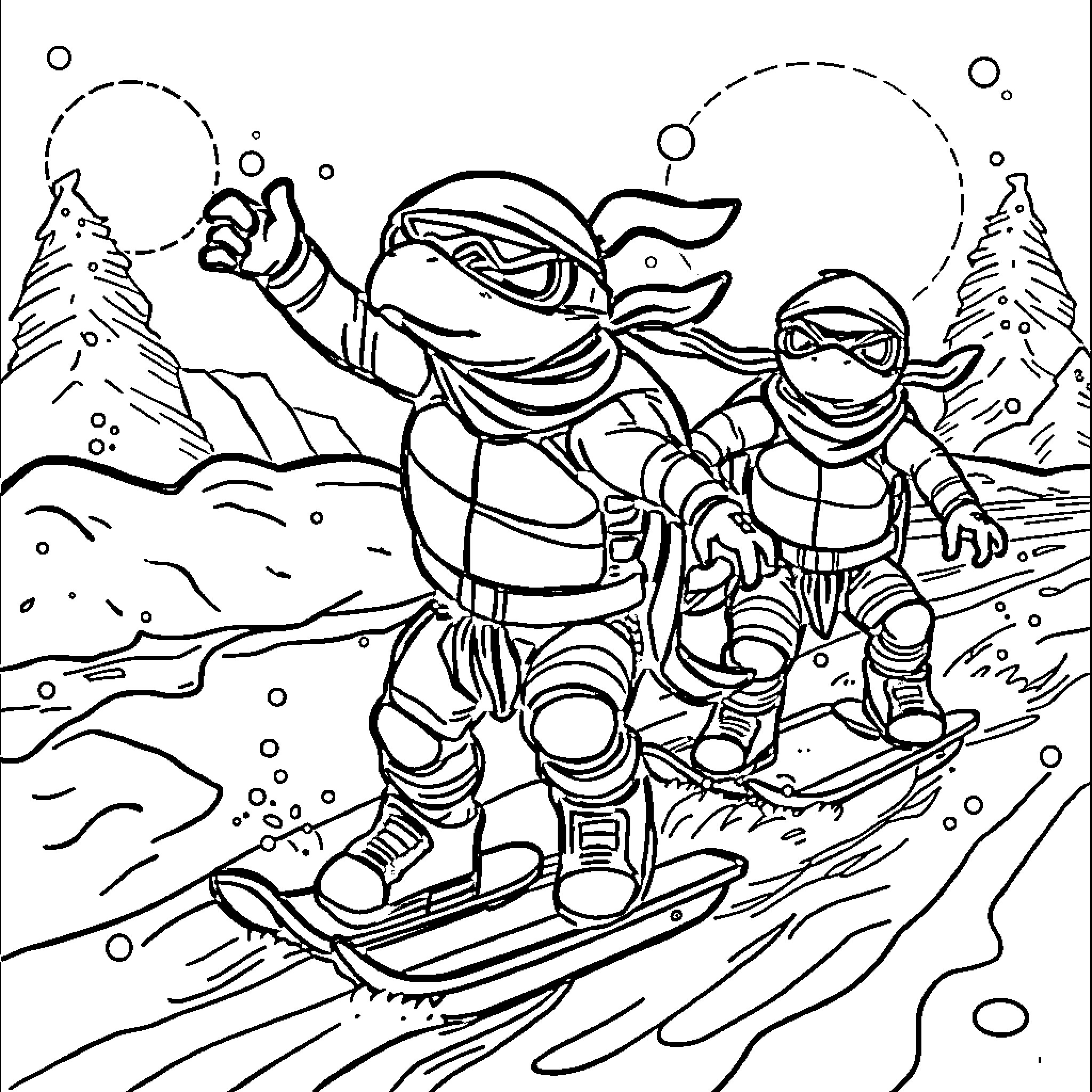 Tortuga Ninja snowboarding adventure in the mountains Coloring Page (free black-and-white line drawing printable PDF for all, from beginners to advanced learners, including children, teens, adults, and seniors)