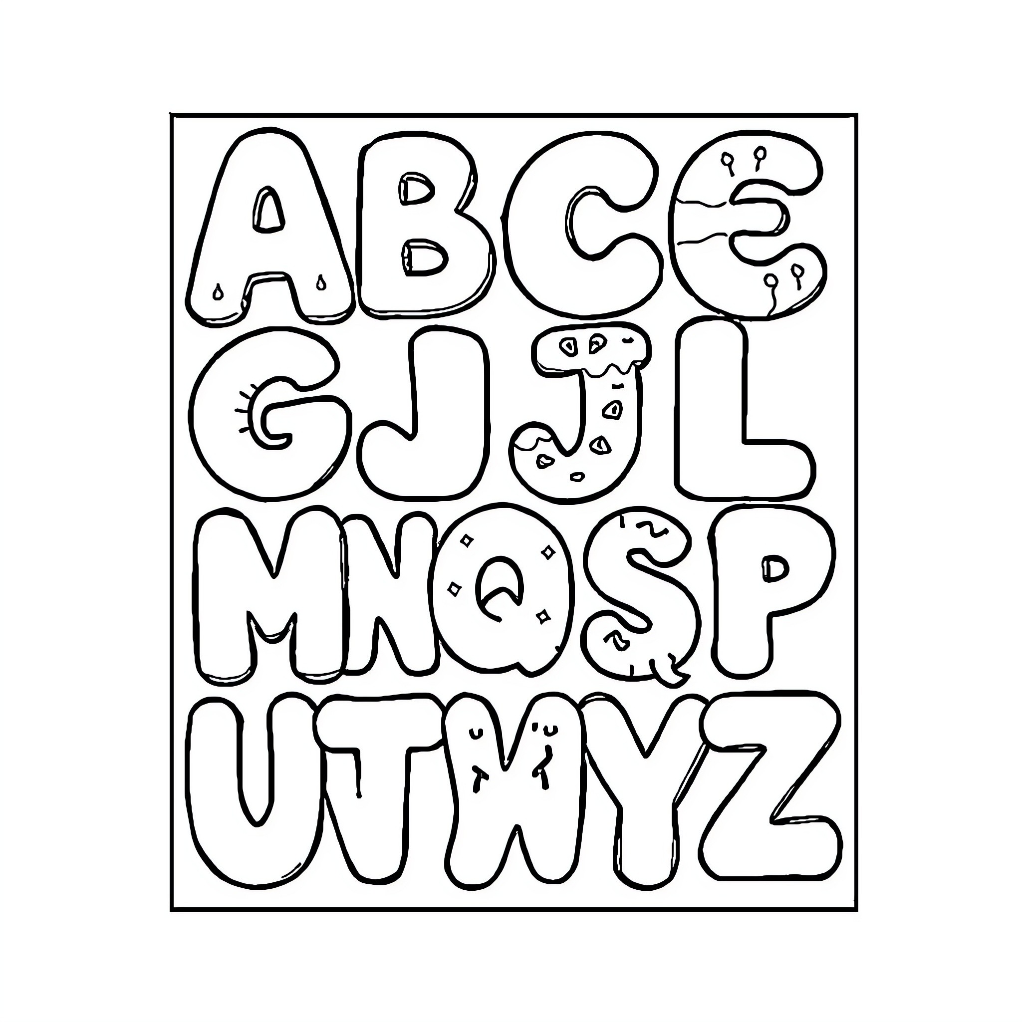 ABC's Playful Alphabet Art Coloring Page (free black-and-white line drawing printable PDF for all, from beginners to advanced learners, including children, teens, adults, and seniors)