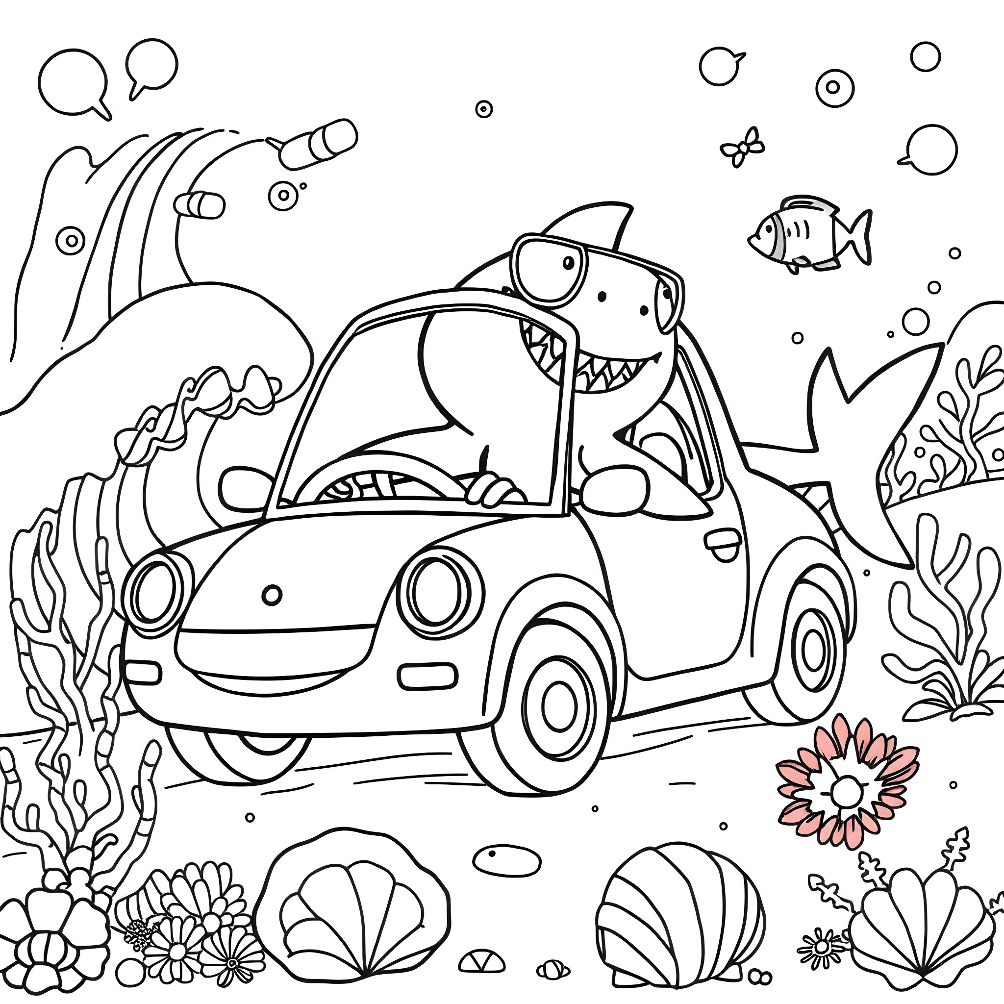 Baby Shark driving underwater car with sea creatures Coloring Page (free black-and-white line drawing printable PDF for all, from beginners to advanced learners, including children, teens, adults, and seniors)