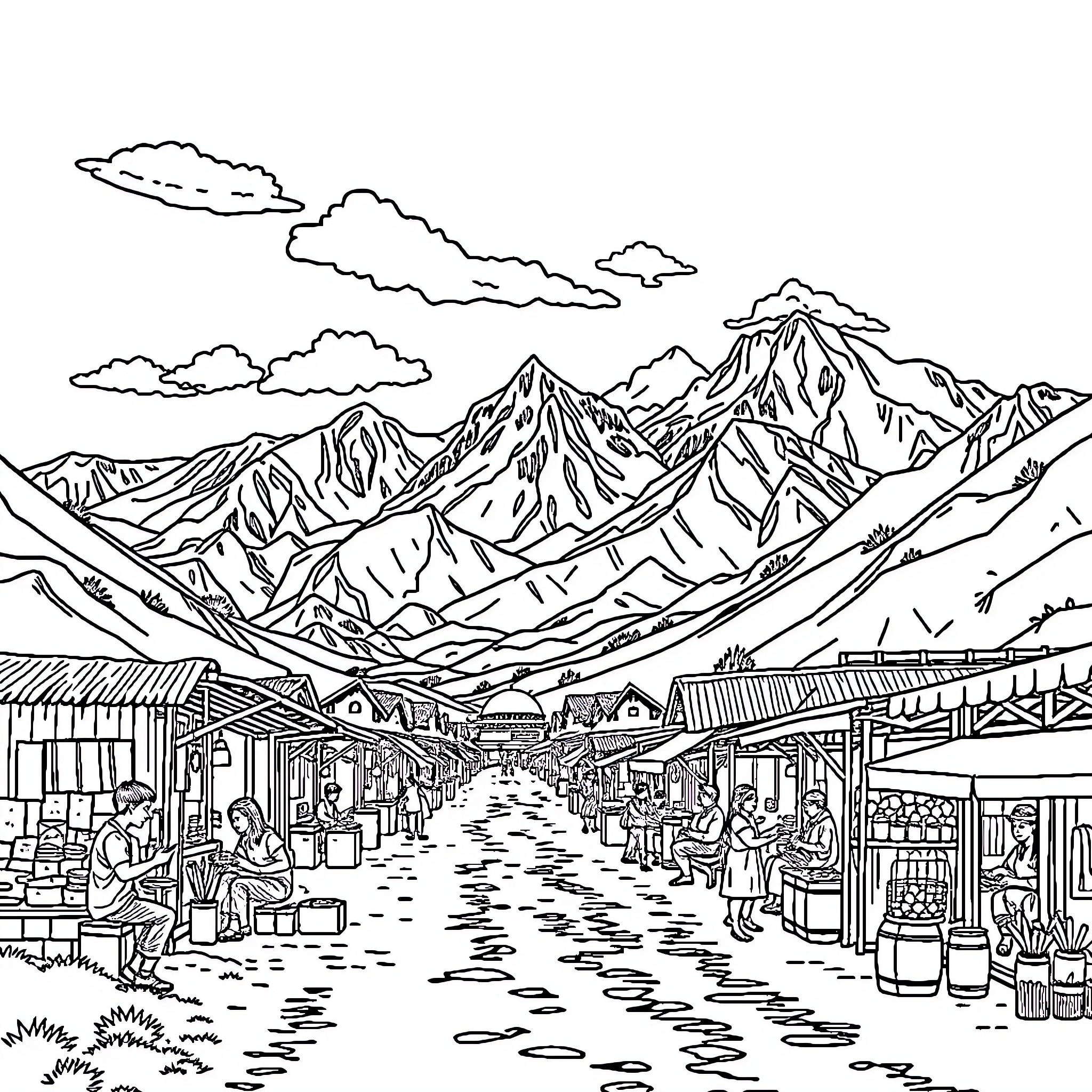 Bolivia: Bustling mountain town market scene Coloring Page (free black-and-white line drawing printable PDF for all, from beginners to advanced learners, including children, teens, adults, and seniors)