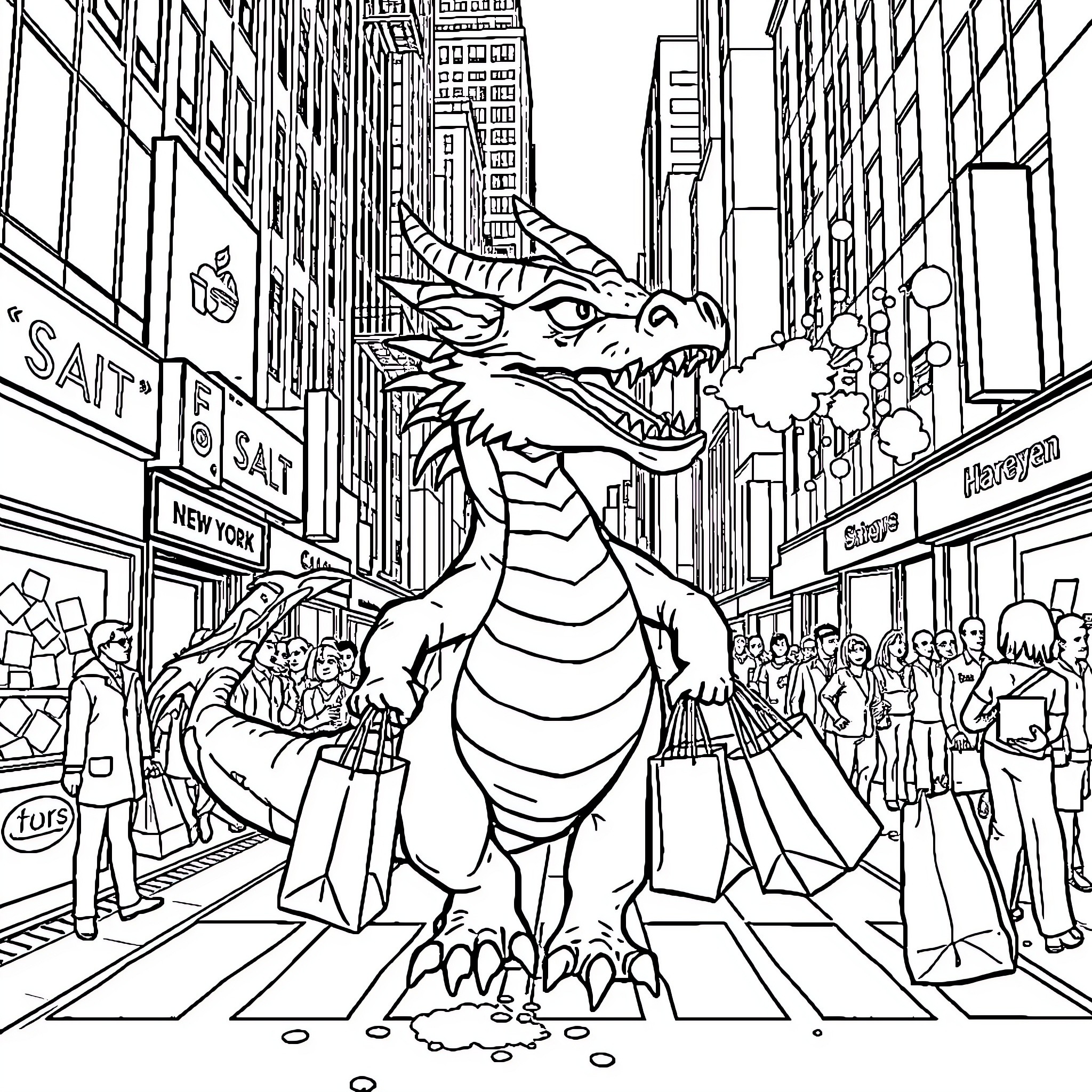 Dragon Roaming Through the Bustling City Streets Coloring Page (free black-and-white line drawing printable PDF for all, from beginners to advanced learners, including children, teens, adults, and seniors)