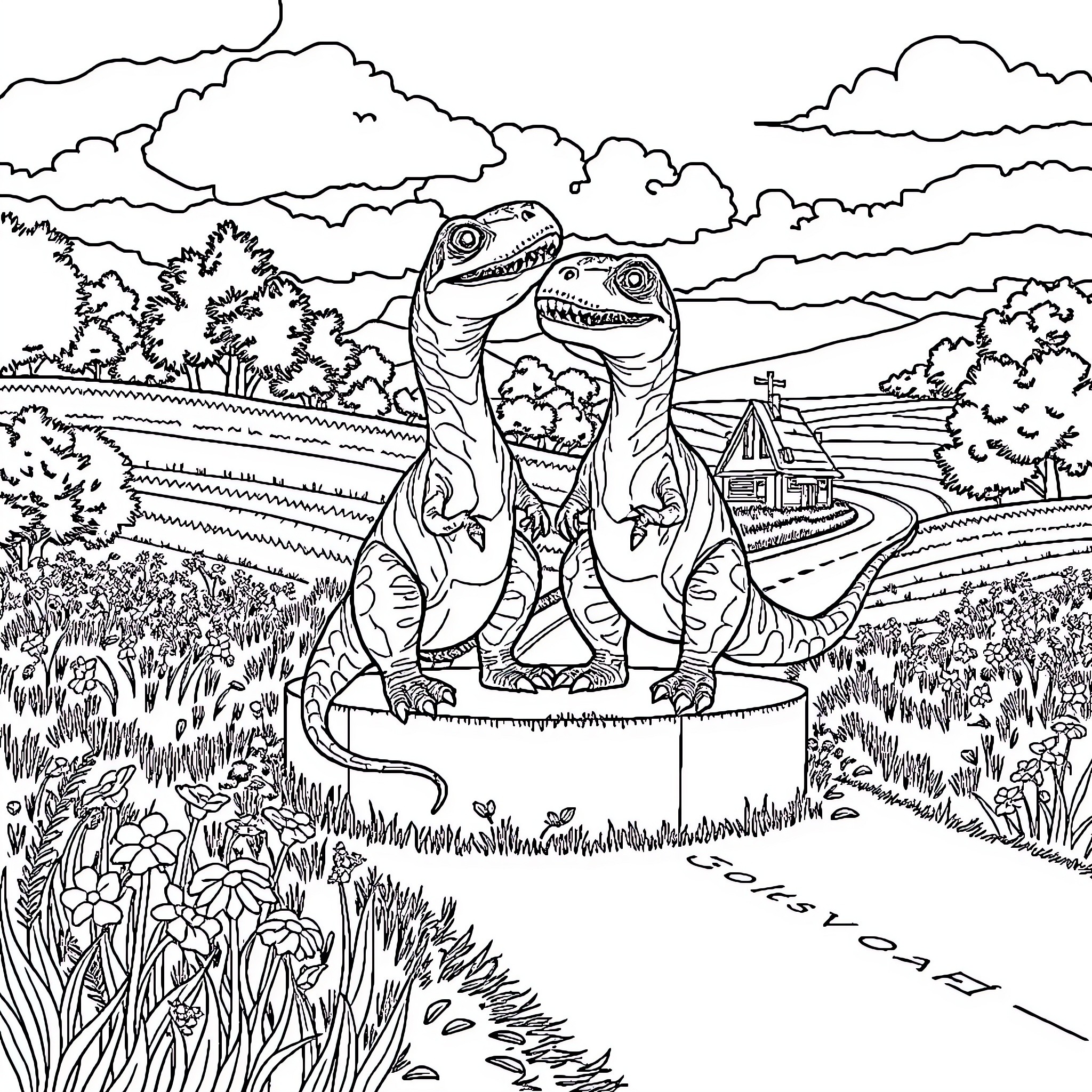 Dinosaurs playing together in a scenic landscape Coloring Page (free black-and-white line drawing printable PDF for all, from beginners to advanced learners, including children, teens, adults, and seniors)