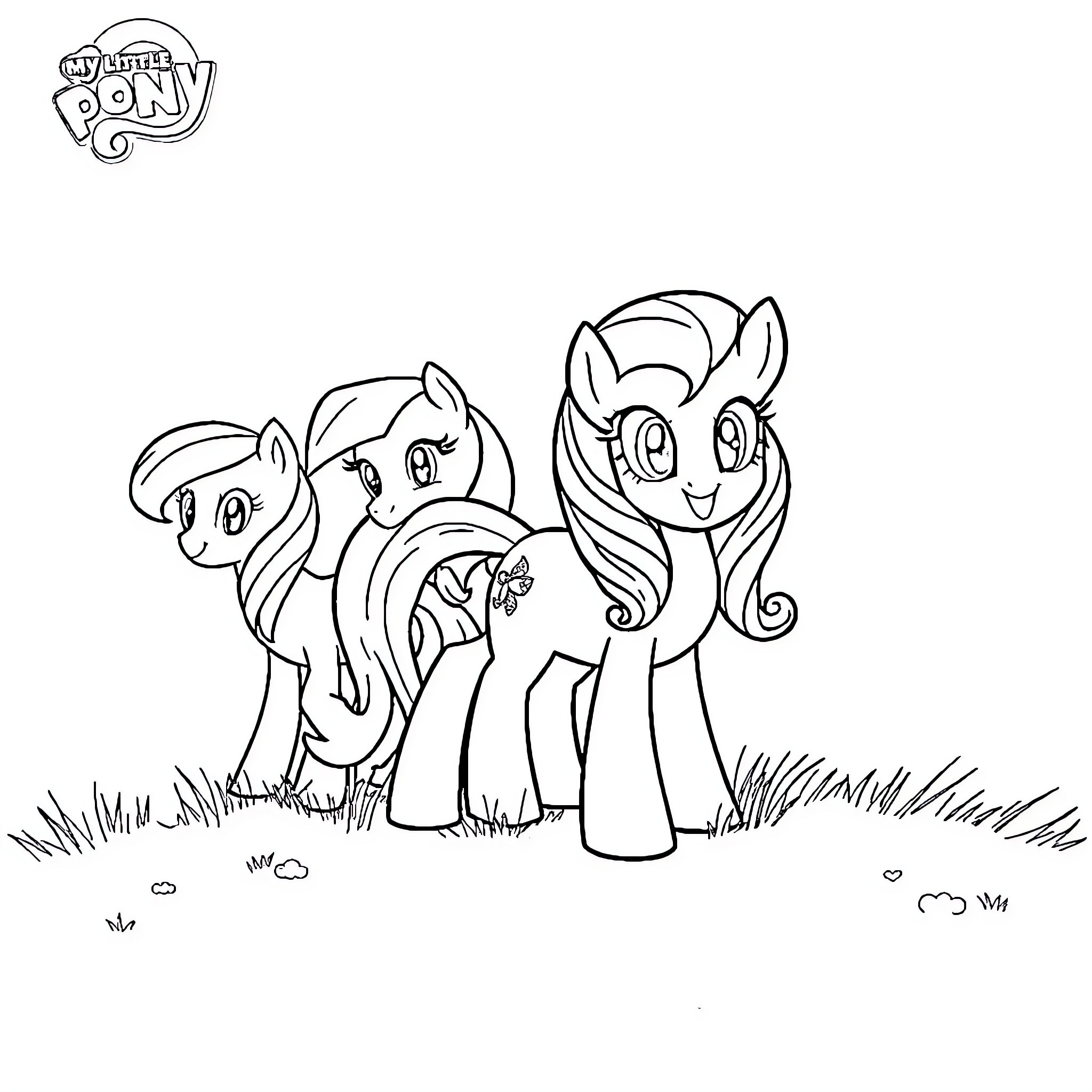 Pony friends exploring the outdoors Coloring Page (free black-and-white line drawing printable PDF for all, from beginners to advanced learners, including children, teens, adults, and seniors)