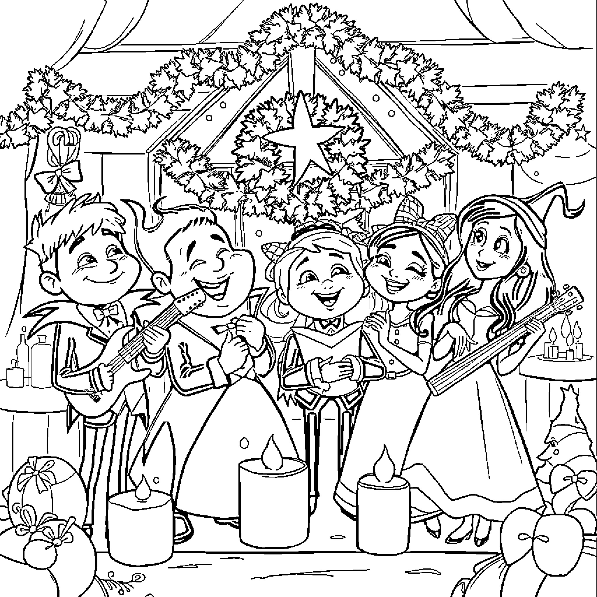 Descendants Celebrating Together with Music and Festive Decor Coloring Page (free black-and-white line drawing printable PDF for all, from beginners to advanced learners, including children, teens, adults, and seniors)