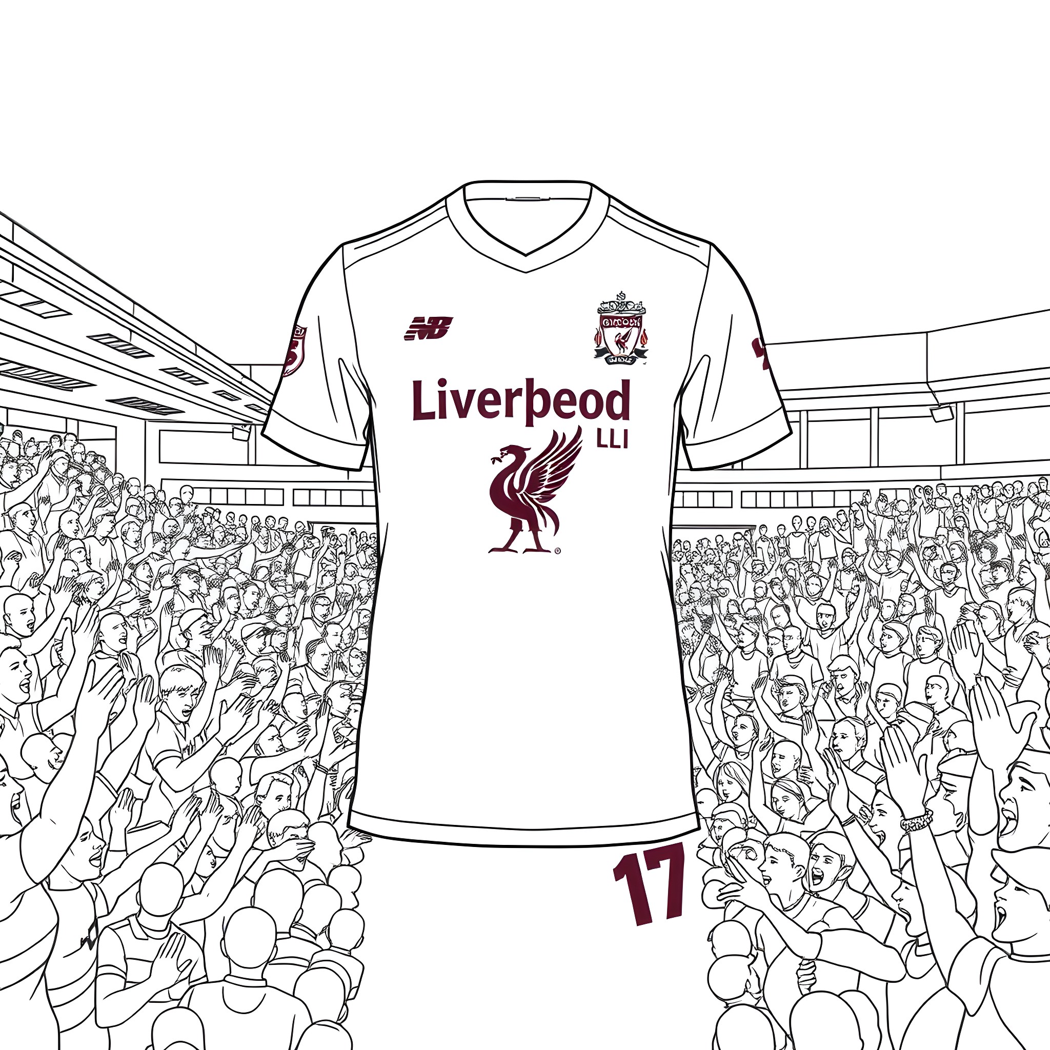 Liverpool soccer jersey with number 17 in crowd Coloring Page (free black-and-white line drawing printable PDF for all, from beginners to advanced learners, including children, teens, adults, and seniors)