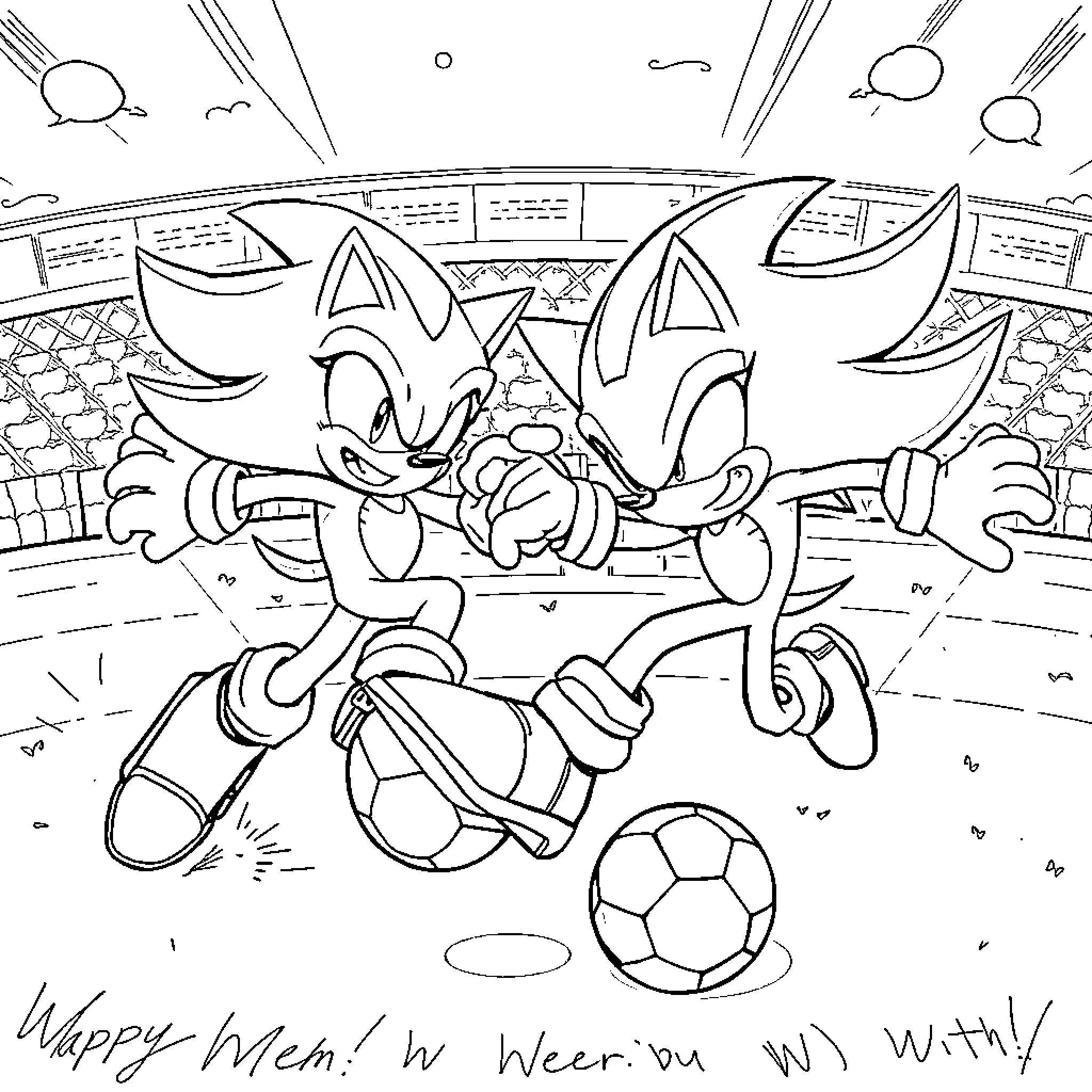 Sonic Characters Playing Soccer in Stadium Coloring Page (free black-and-white line drawing printable PDF for all, from beginners to advanced learners, including children, teens, adults, and seniors)