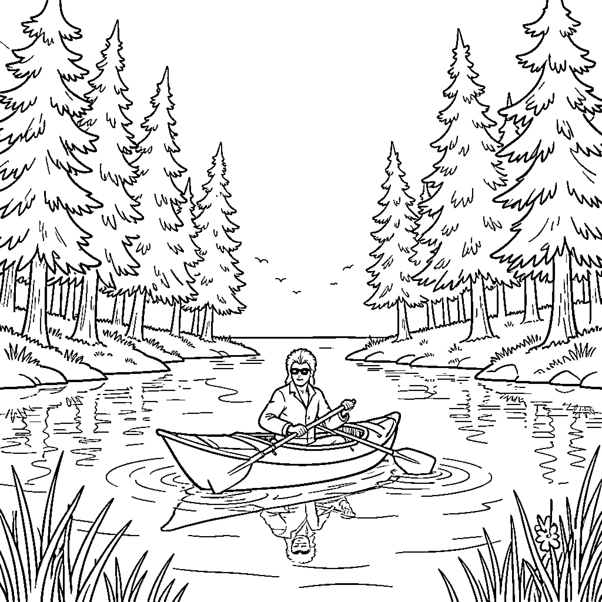 David Bowie Relaxing in a Serene Forest Landscape Coloring Page (free black-and-white line drawing printable PDF for all, from beginners to advanced learners, including children, teens, adults, and seniors)
