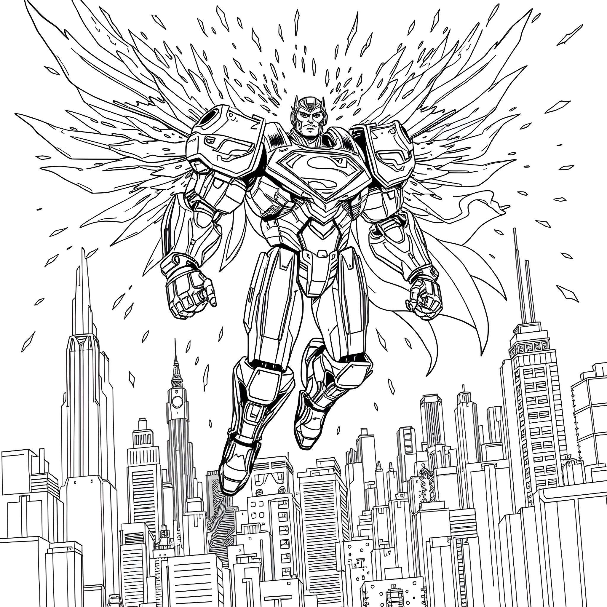 Mecha Superman soaring over the metropolis Coloring Page (free black-and-white line drawing printable PDF for all, from beginners to advanced learners, including children, teens, adults, and seniors)