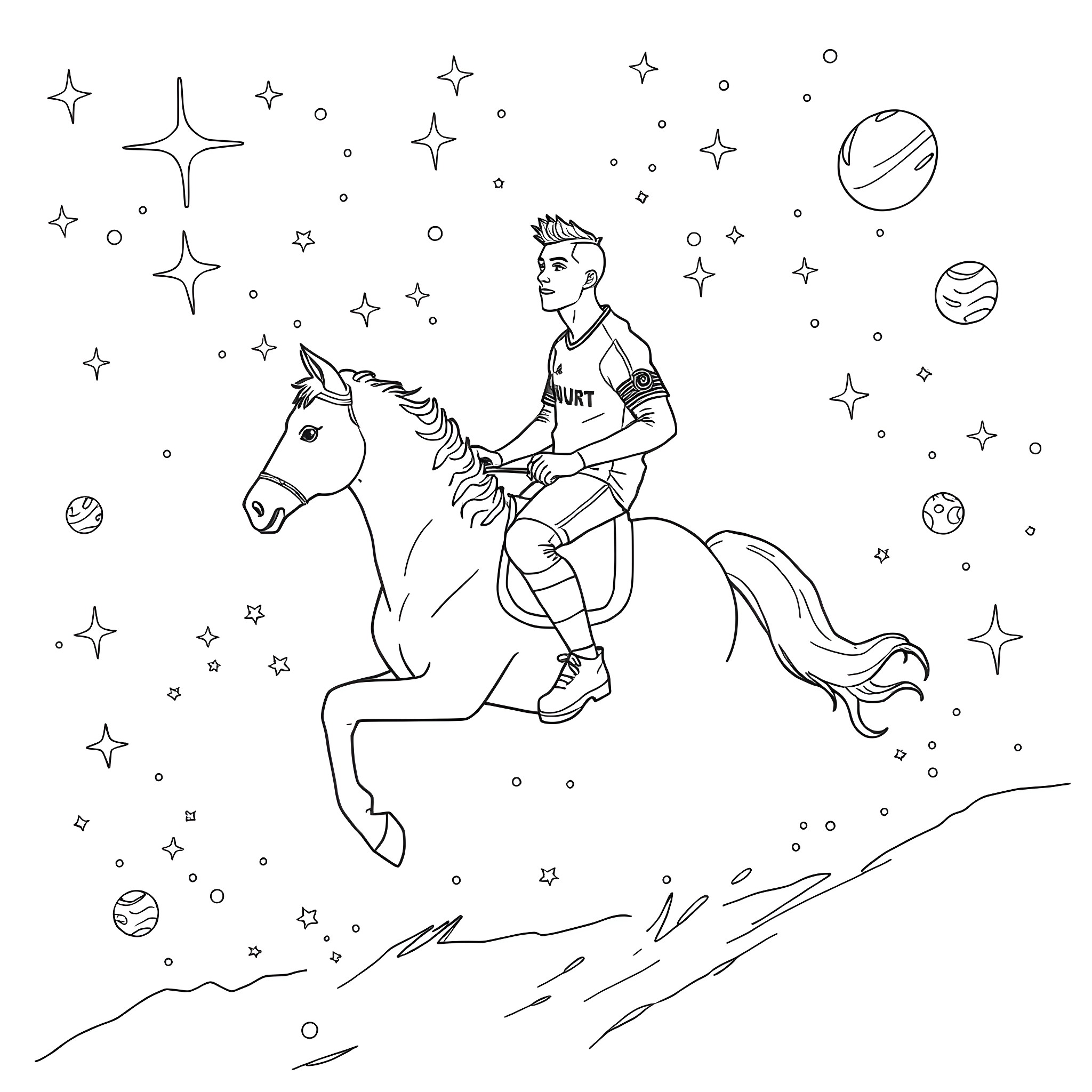 Cristiano Ronaldo riding a magical unicorn through the cosmos Coloring Page (free black-and-white line drawing printable PDF for all, from beginners to advanced learners, including children, teens, adults, and seniors)
