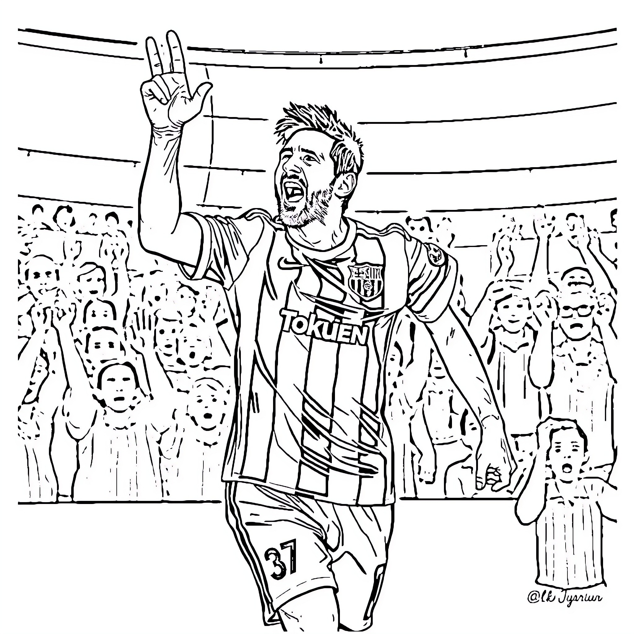 Messi celebrating victory with fans in stadium Coloring Page (free black-and-white line drawing printable PDF for all, from beginners to advanced learners, including children, teens, adults, and seniors)