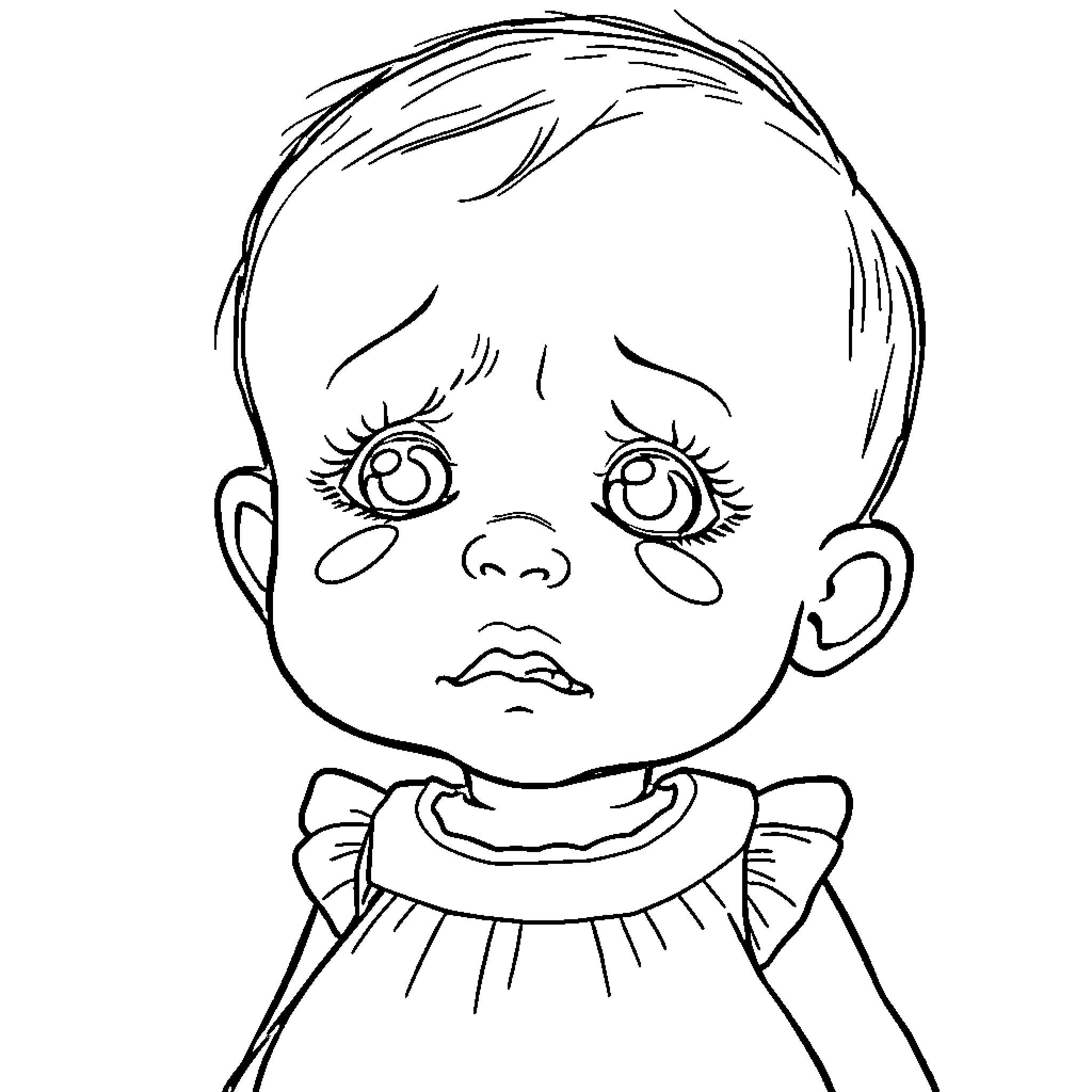 Baby with a sad expression Coloring Page (free black-and-white line drawing printable PDF for all, from beginners to advanced learners, including children, teens, adults, and seniors)