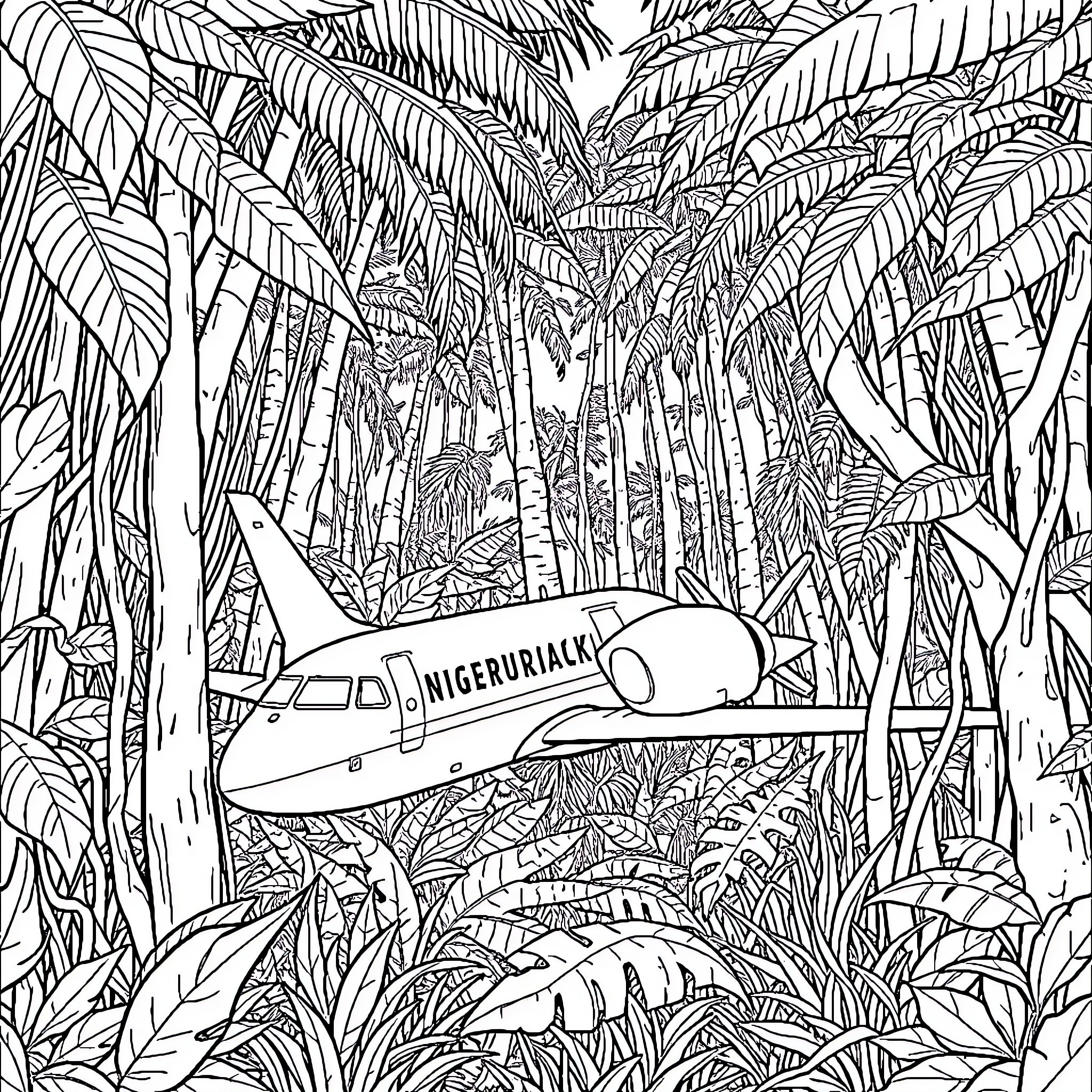 Airplane flying through lush tropical foliage Coloring Page (free black-and-white line drawing printable PDF for all, from beginners to advanced learners, including children, teens, adults, and seniors)