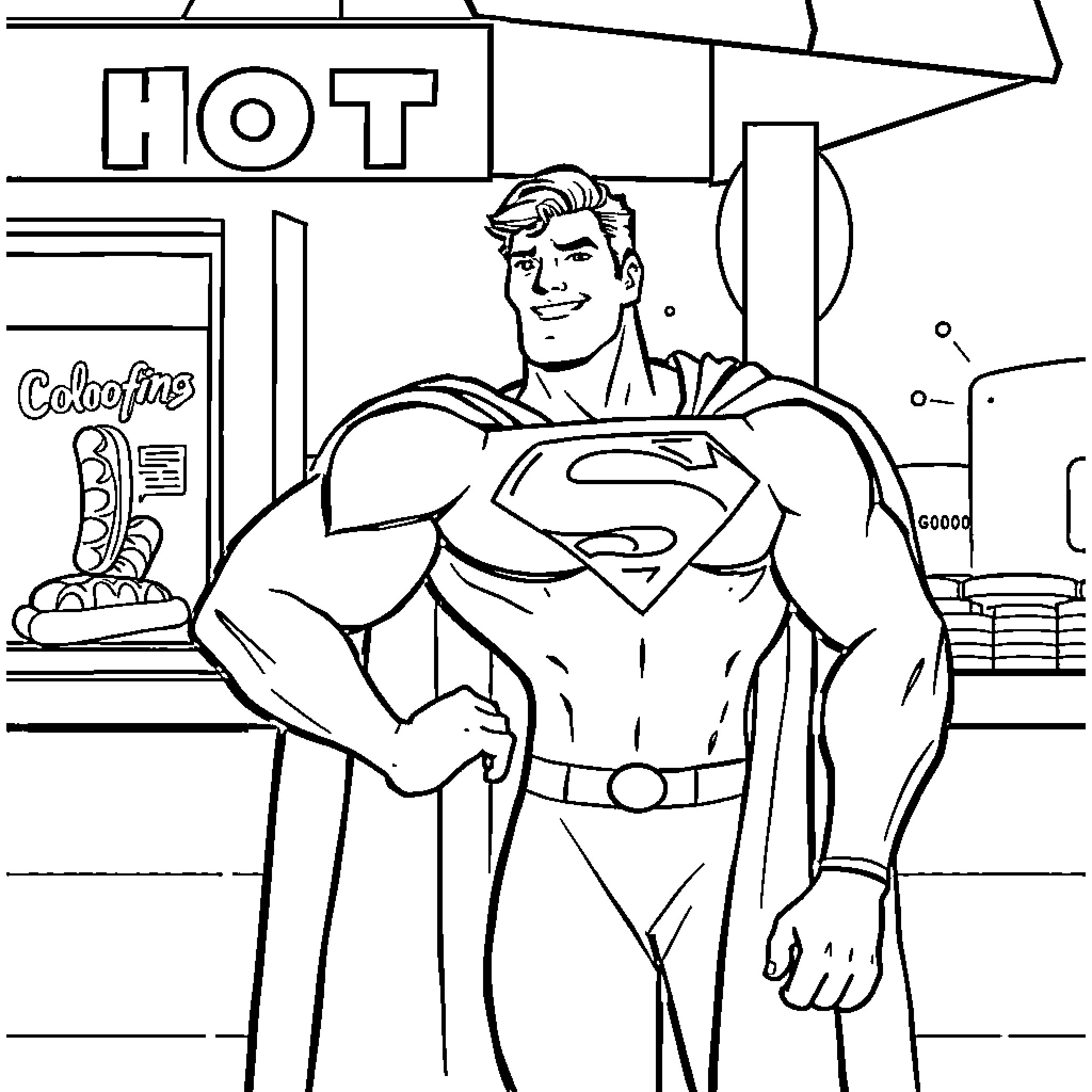Superman standing heroically in front of a hot dog stand Coloring Page (free black-and-white line drawing printable PDF for all, from beginners to advanced learners, including children, teens, adults, and seniors)