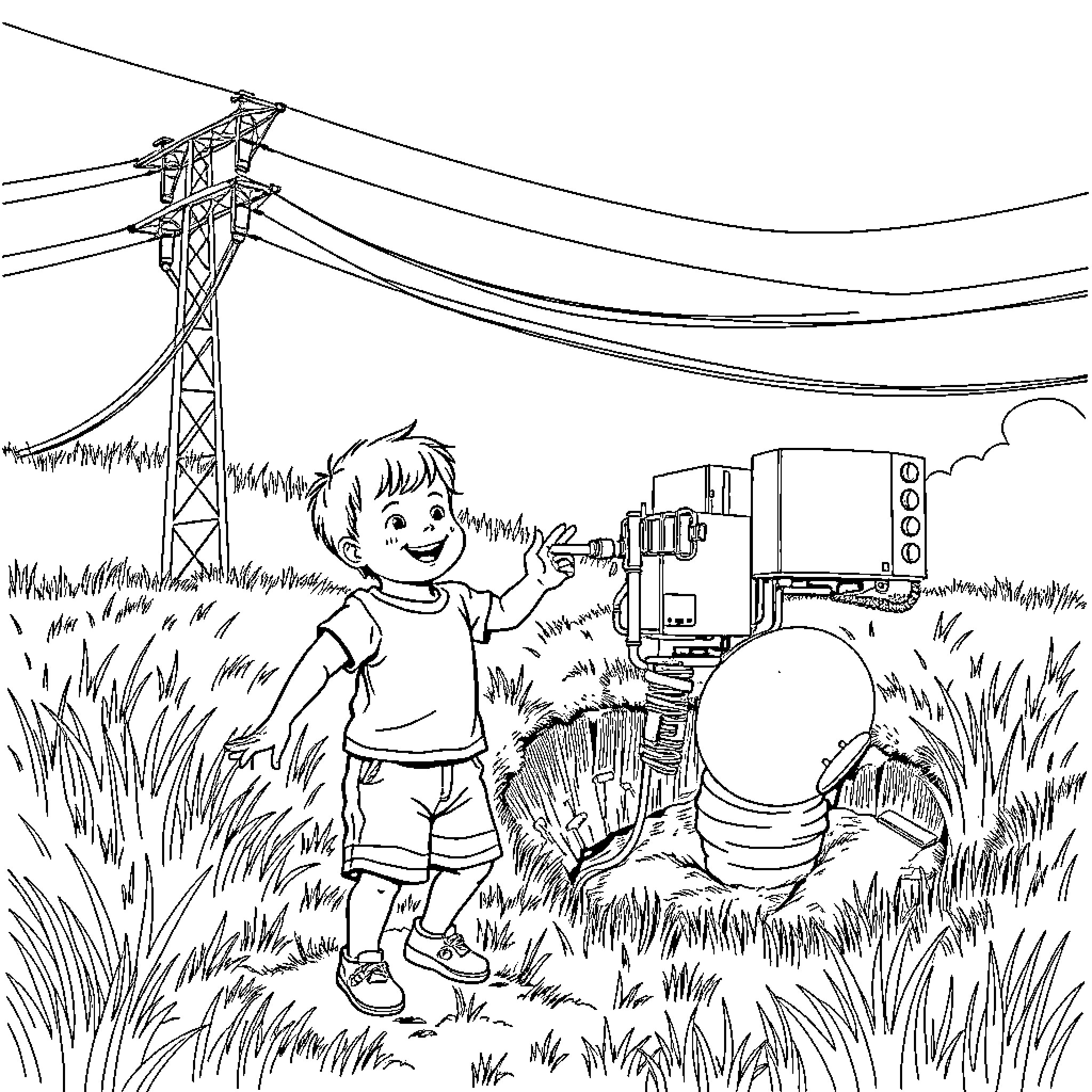 Child exploring the outdoors near electrical equipment Coloring Page (free black-and-white line drawing printable PDF for all, from beginners to advanced learners, including children, teens, adults, and seniors)