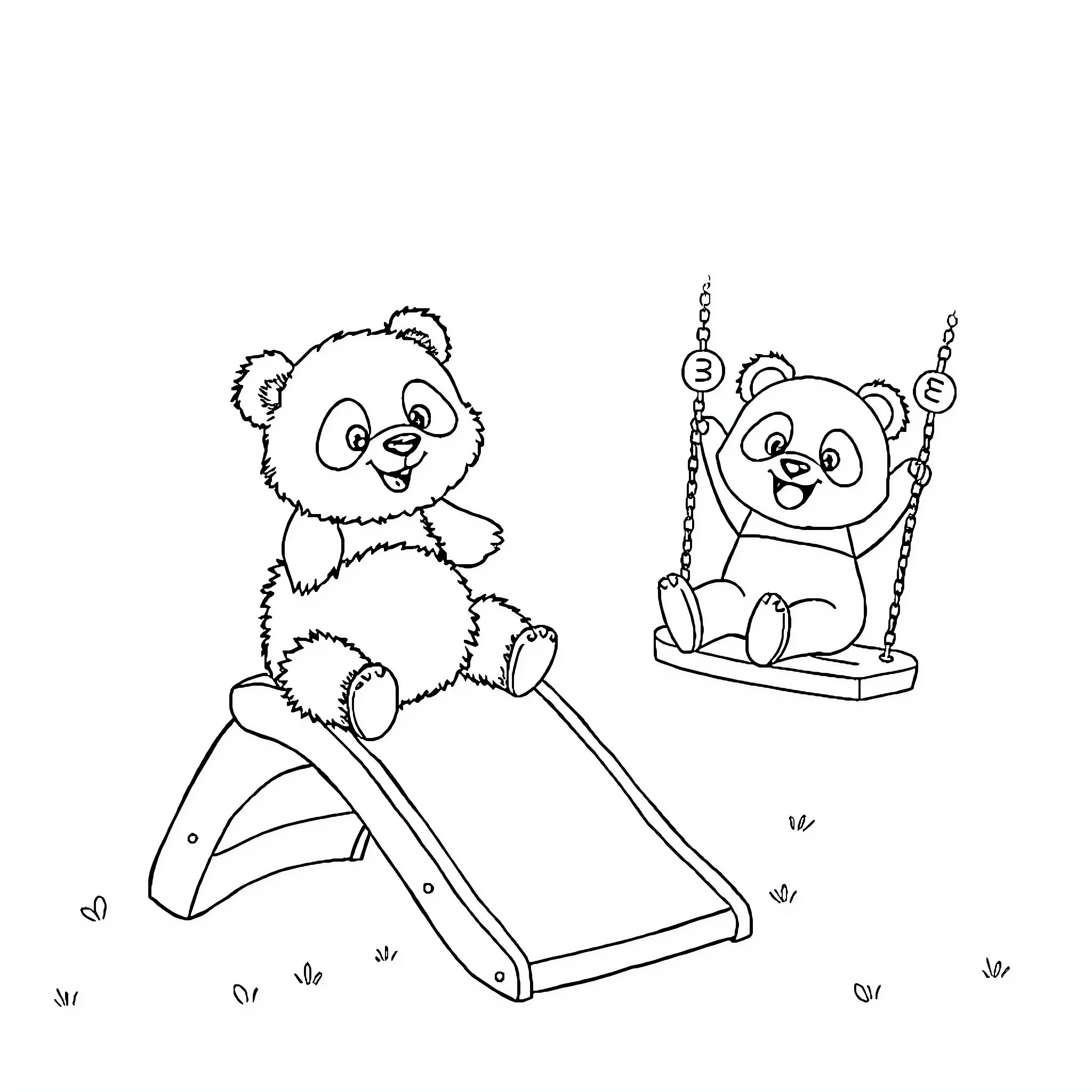 Panda playing on slide and swing Coloring Page (free black-and-white line drawing printable PDF for all, from beginners to advanced learners, including children, teens, adults, and seniors)