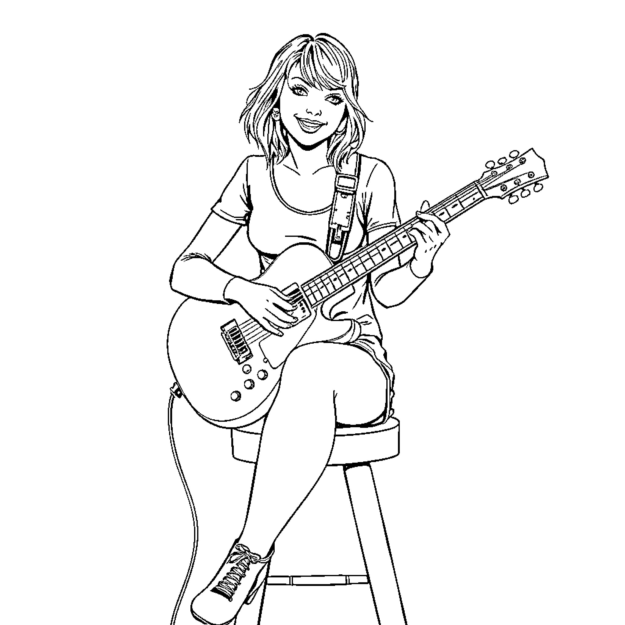 Taylor Swift playing guitar on stage Coloring Page (free black-and-white line drawing printable PDF for all, from beginners to advanced learners, including children, teens, adults, and seniors)
