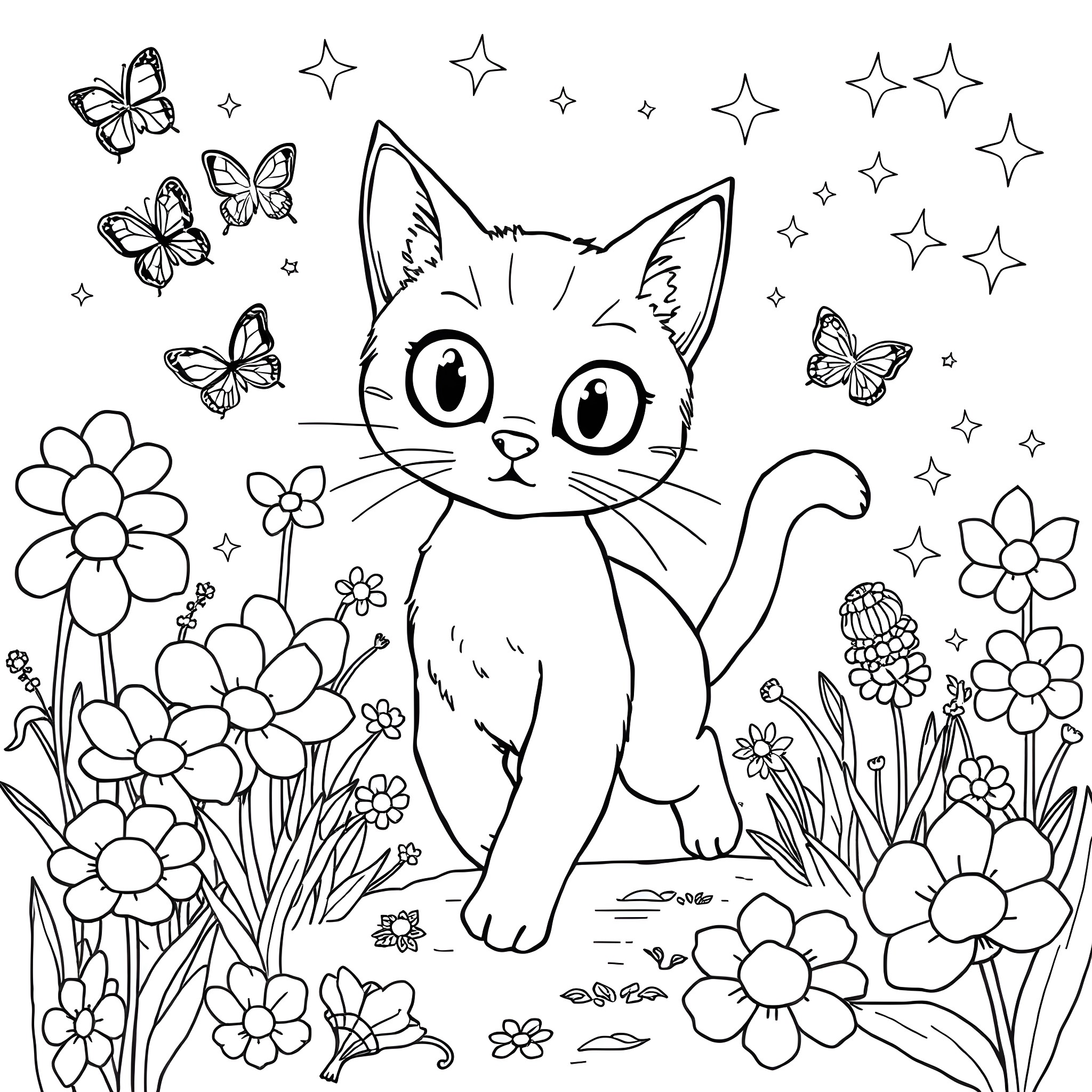 Cat exploring a whimsical floral garden Coloring Page (free black-and-white line drawing printable PDF for all, from beginners to advanced learners, including children, teens, adults, and seniors)