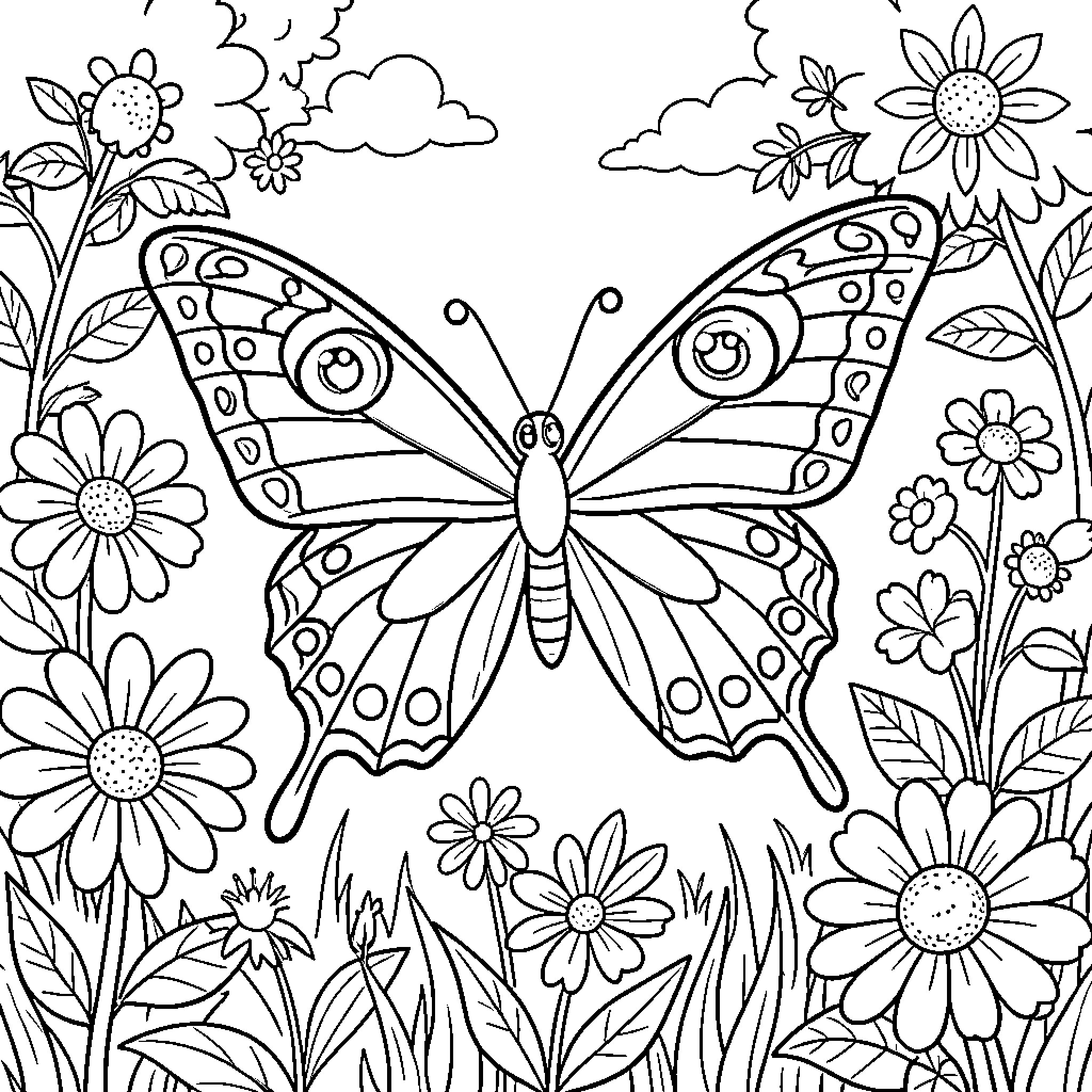 Butterfly in a floral garden Coloring Page (free black-and-white line drawing printable PDF for all, from beginners to advanced learners, including children, teens, adults, and seniors)