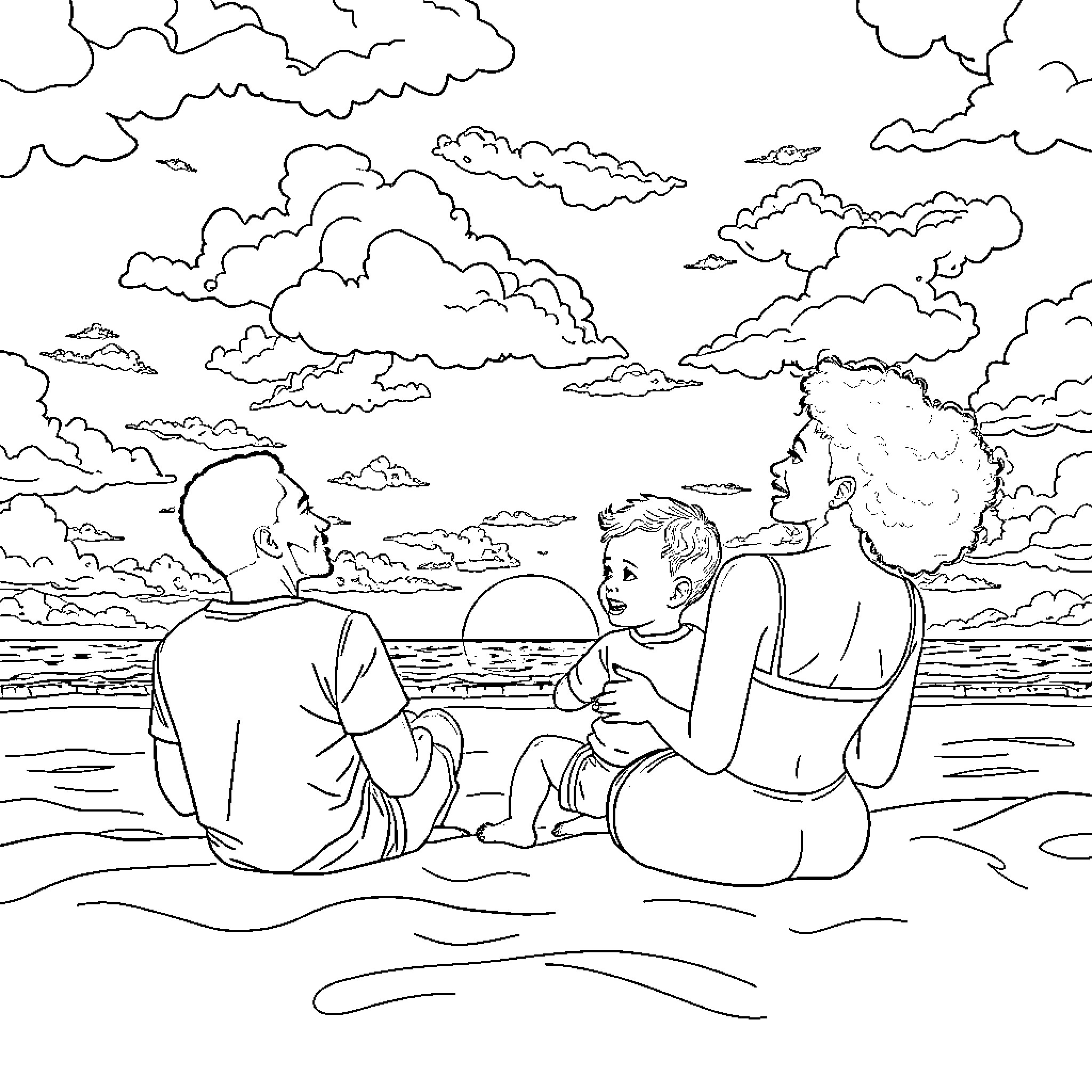 Family Enjoying a Picnic by the Seaside Coloring Page (free black-and-white line drawing printable PDF for all, from beginners to advanced learners, including children, teens, adults, and seniors)