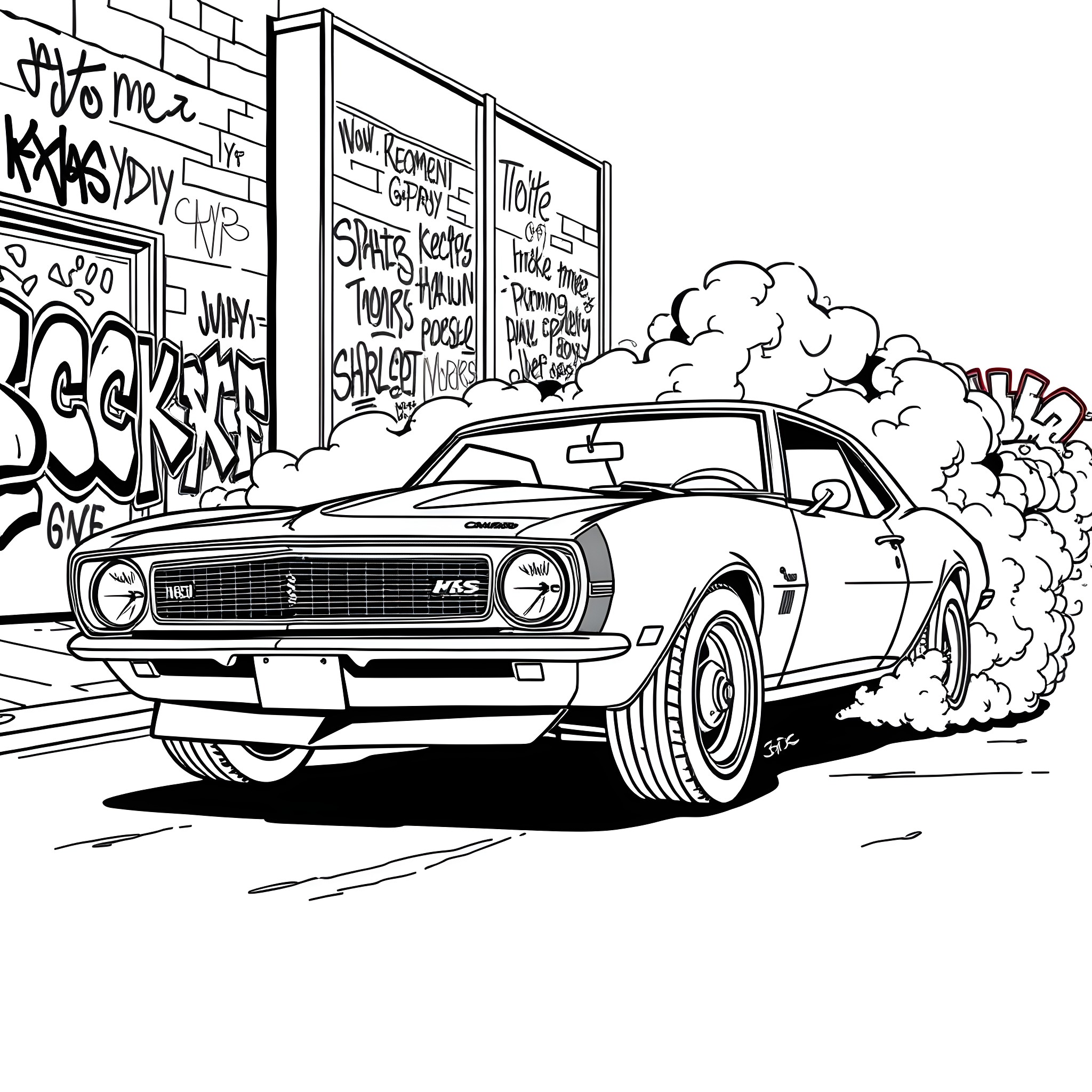 Camaro speeding through graffiti-covered city streets Coloring Page (free black-and-white line drawing printable PDF for all, from beginners to advanced learners, including children, teens, adults, and seniors)